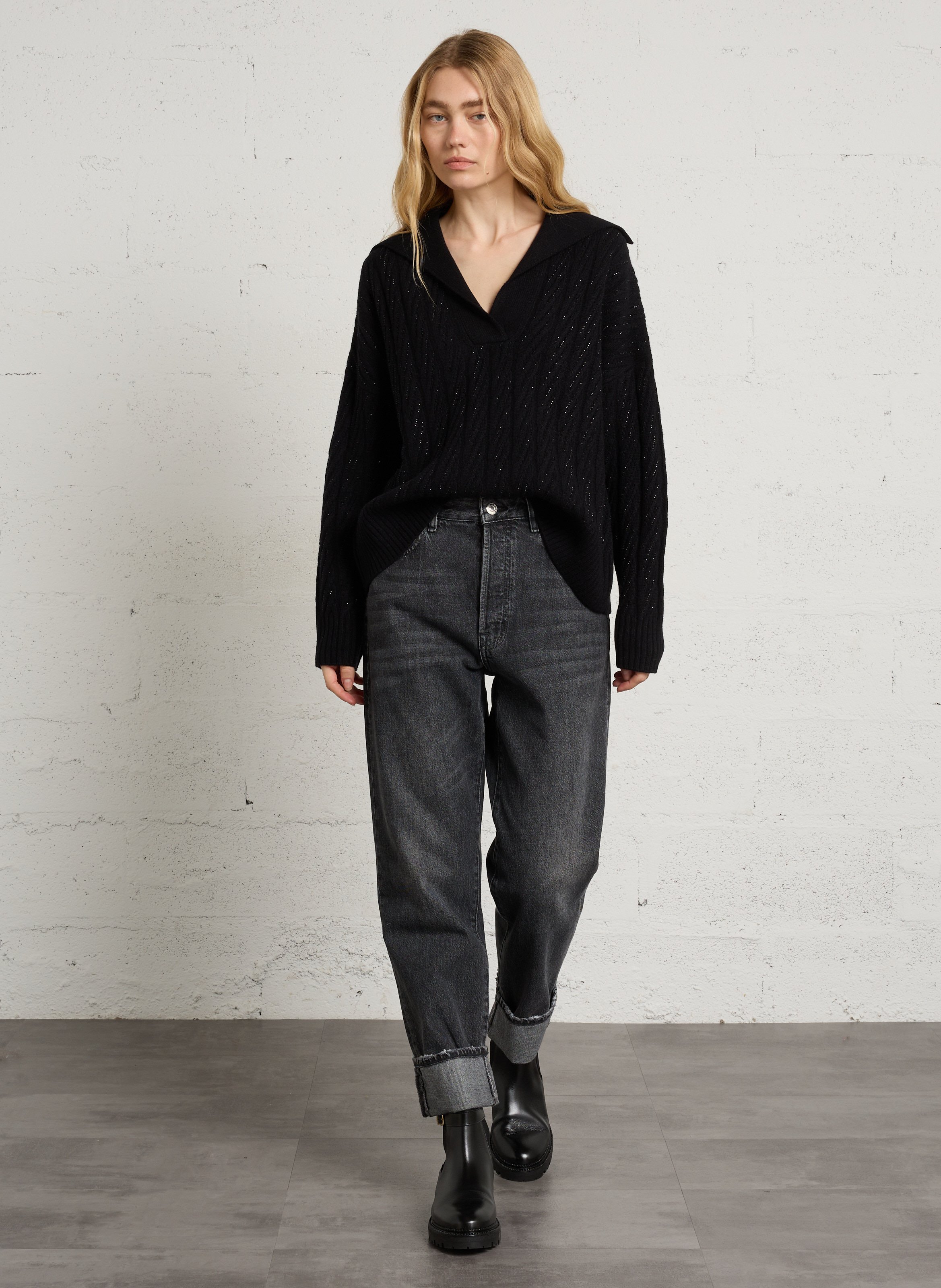 Pull orné de strass en laine BERENICE Noir
