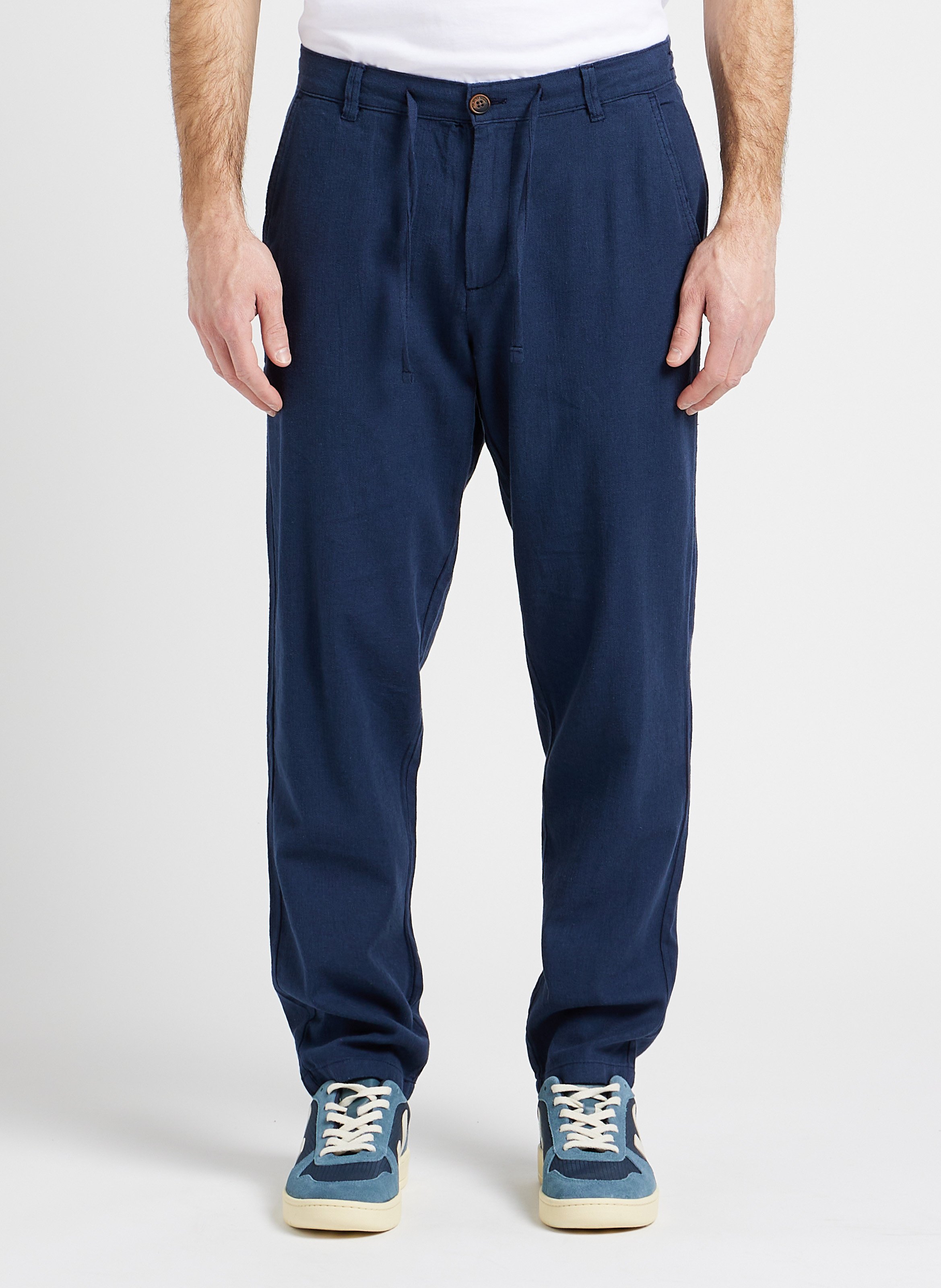 Pantalon droit en coton bio et lin stretch SELECTED Bleu