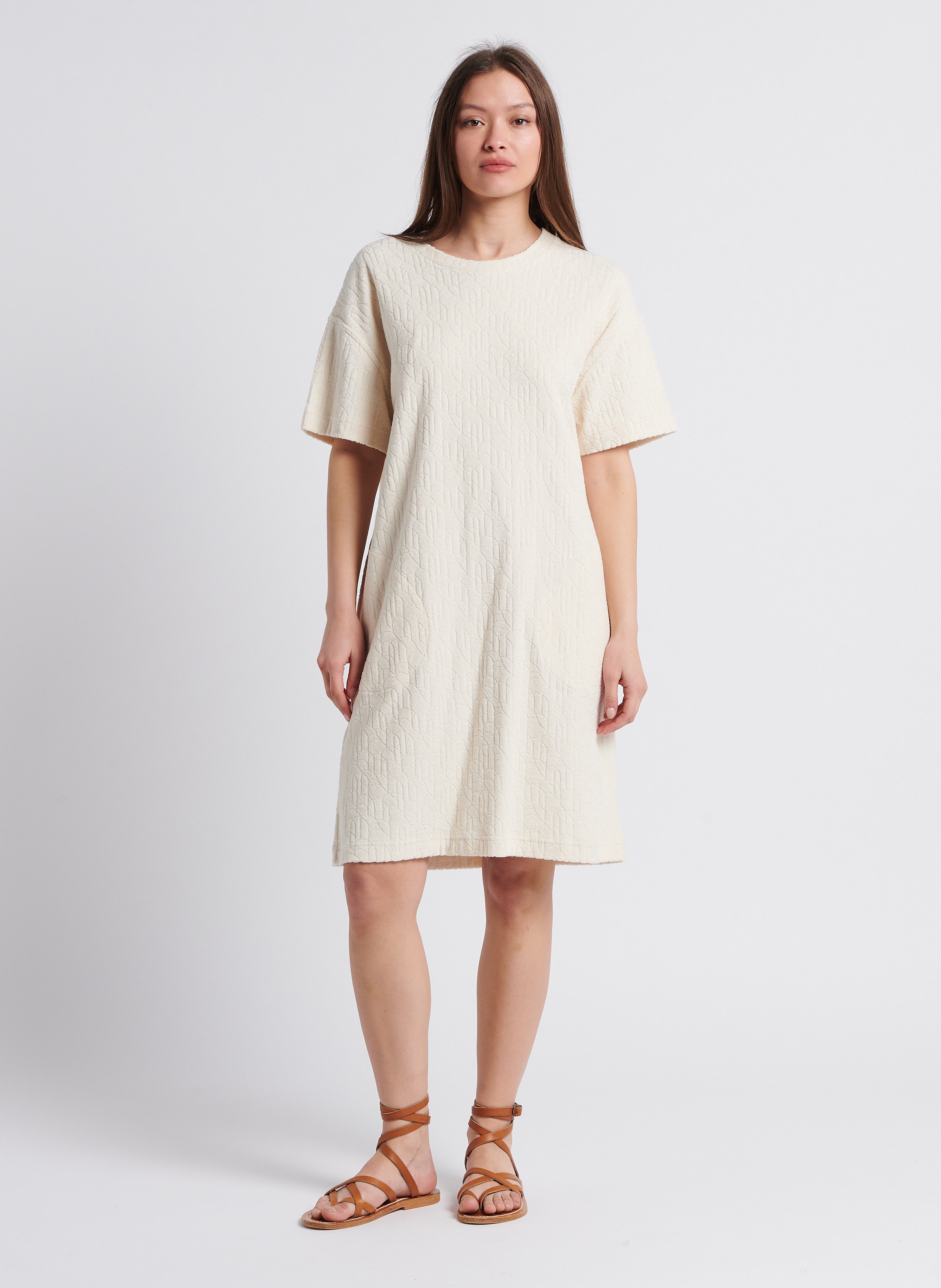 Robe courte col rond aspect eponge en coton Blanc