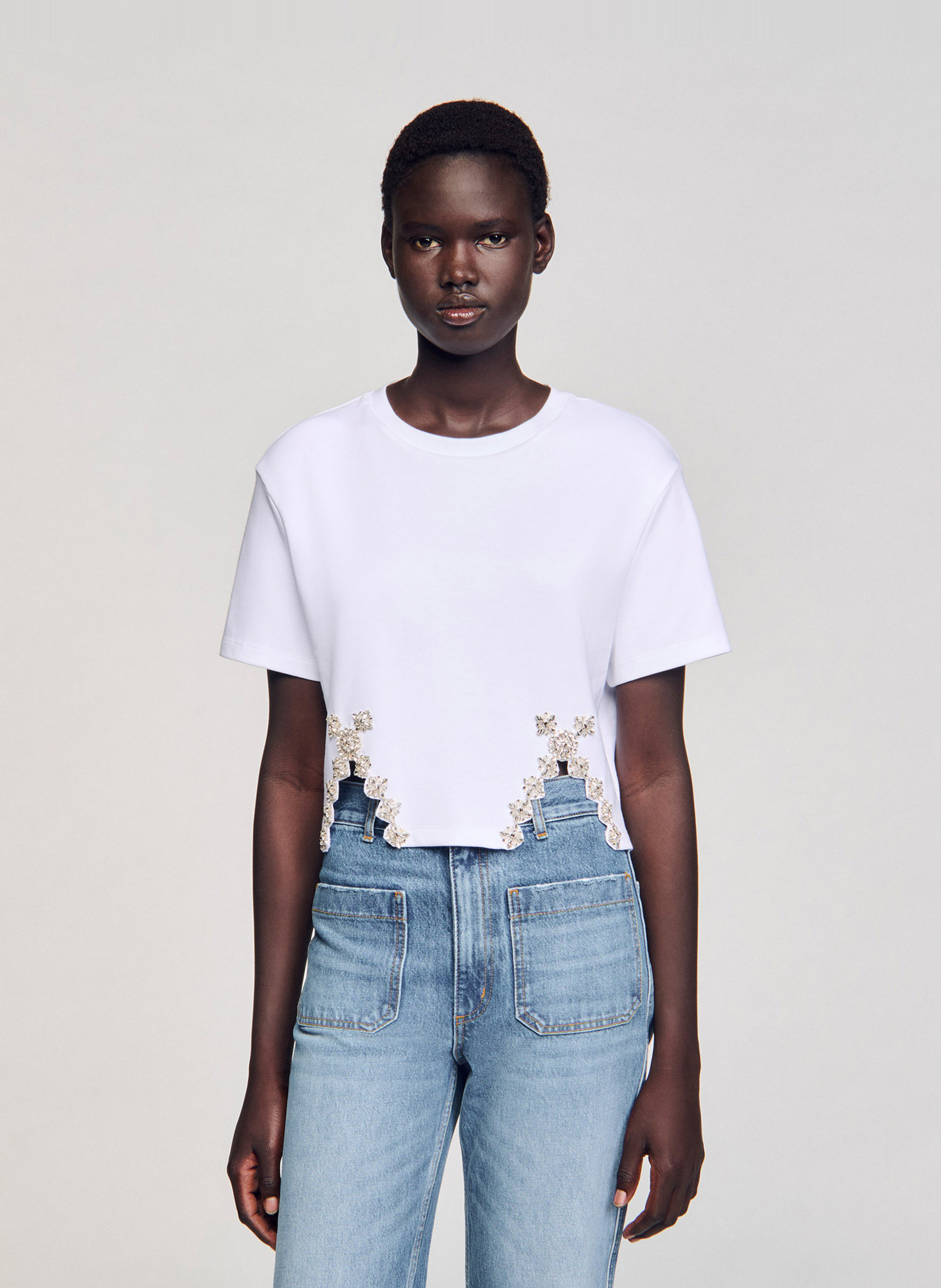 Kort T-shirt van katoenmix met stras SANDRO Wit
