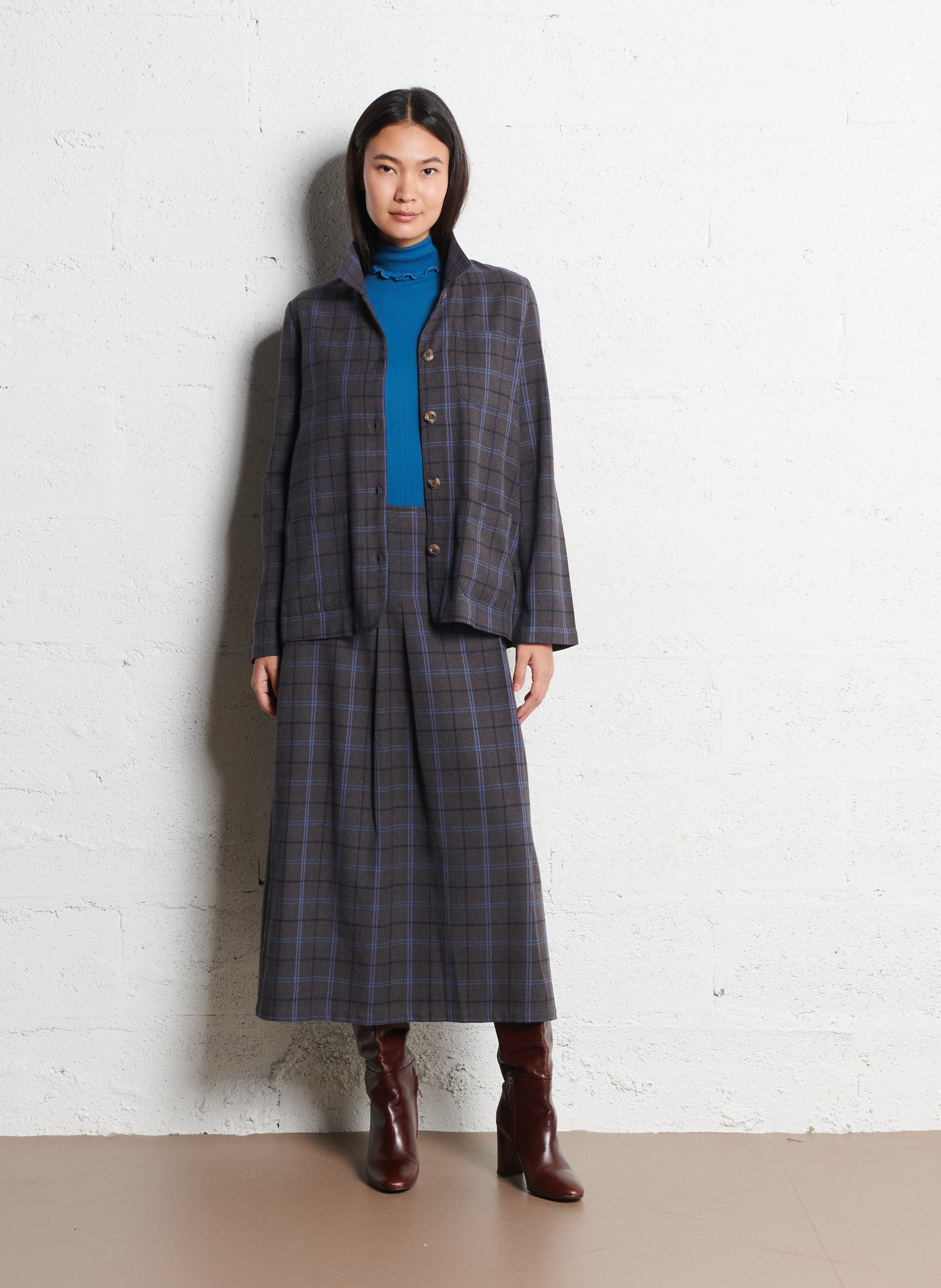 Jupe midi écossaise taille haute NICE THINGS Gris