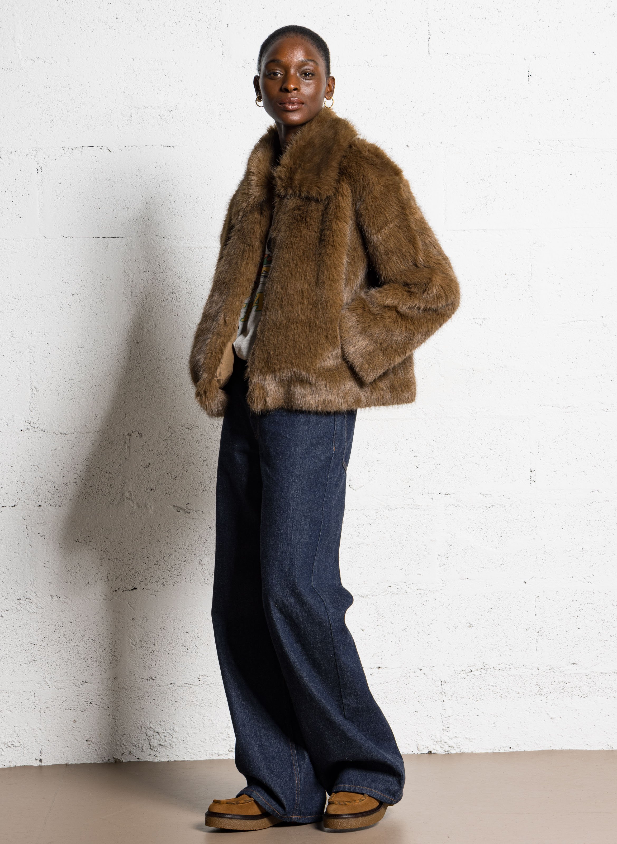 Faux fur coat with classic collar DES PETITS HAUTS Brown