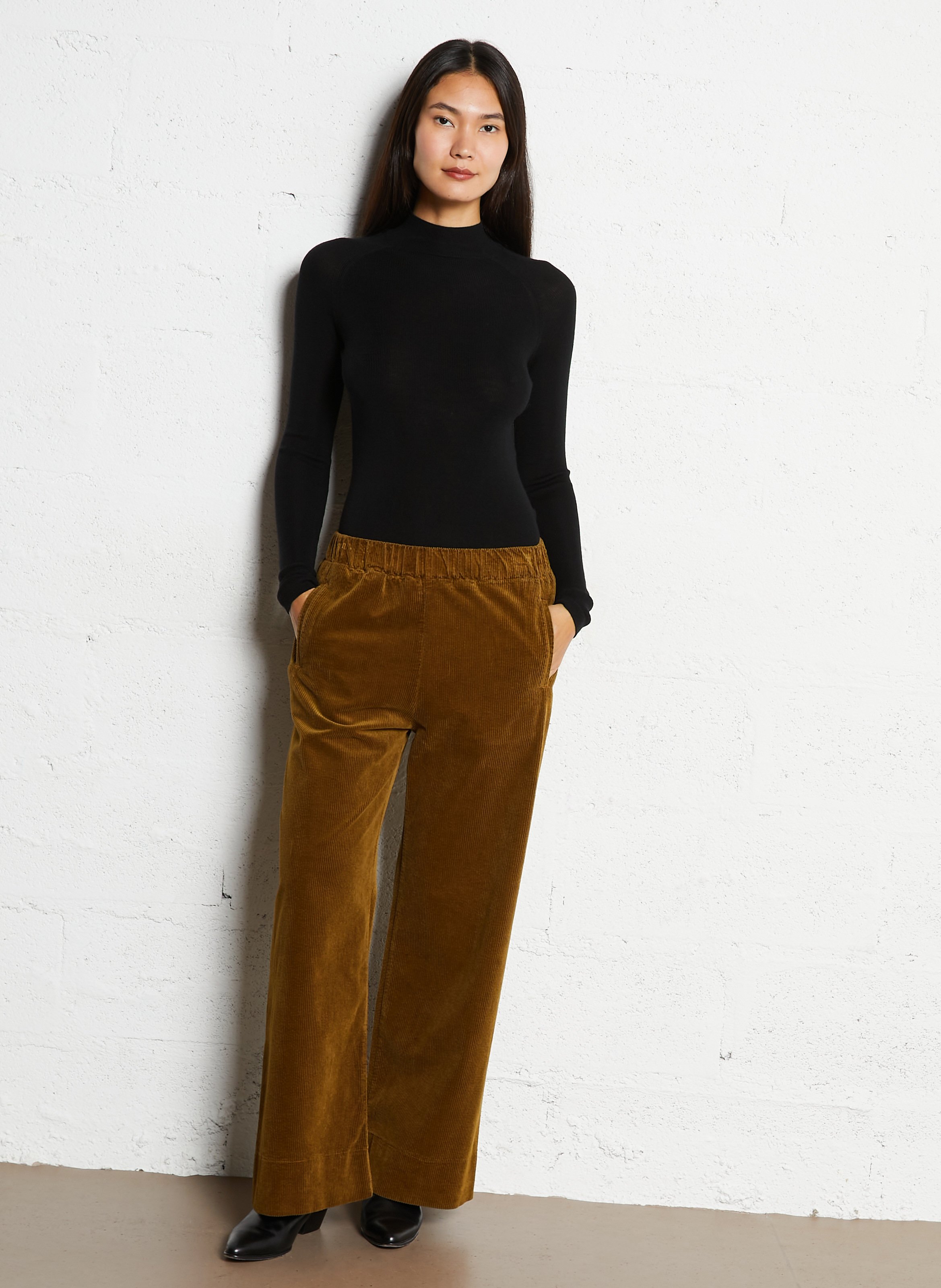 Pull fin col montant en laine et soie MAJESTIC FILATURES Noir