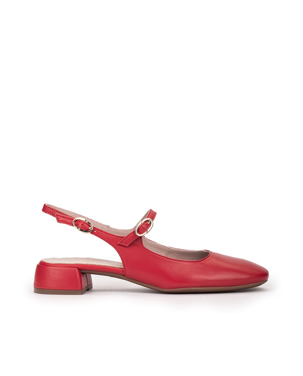<p>High-heeled red leather shoes, with an open back.</p> PEDRO MIRALLES Red