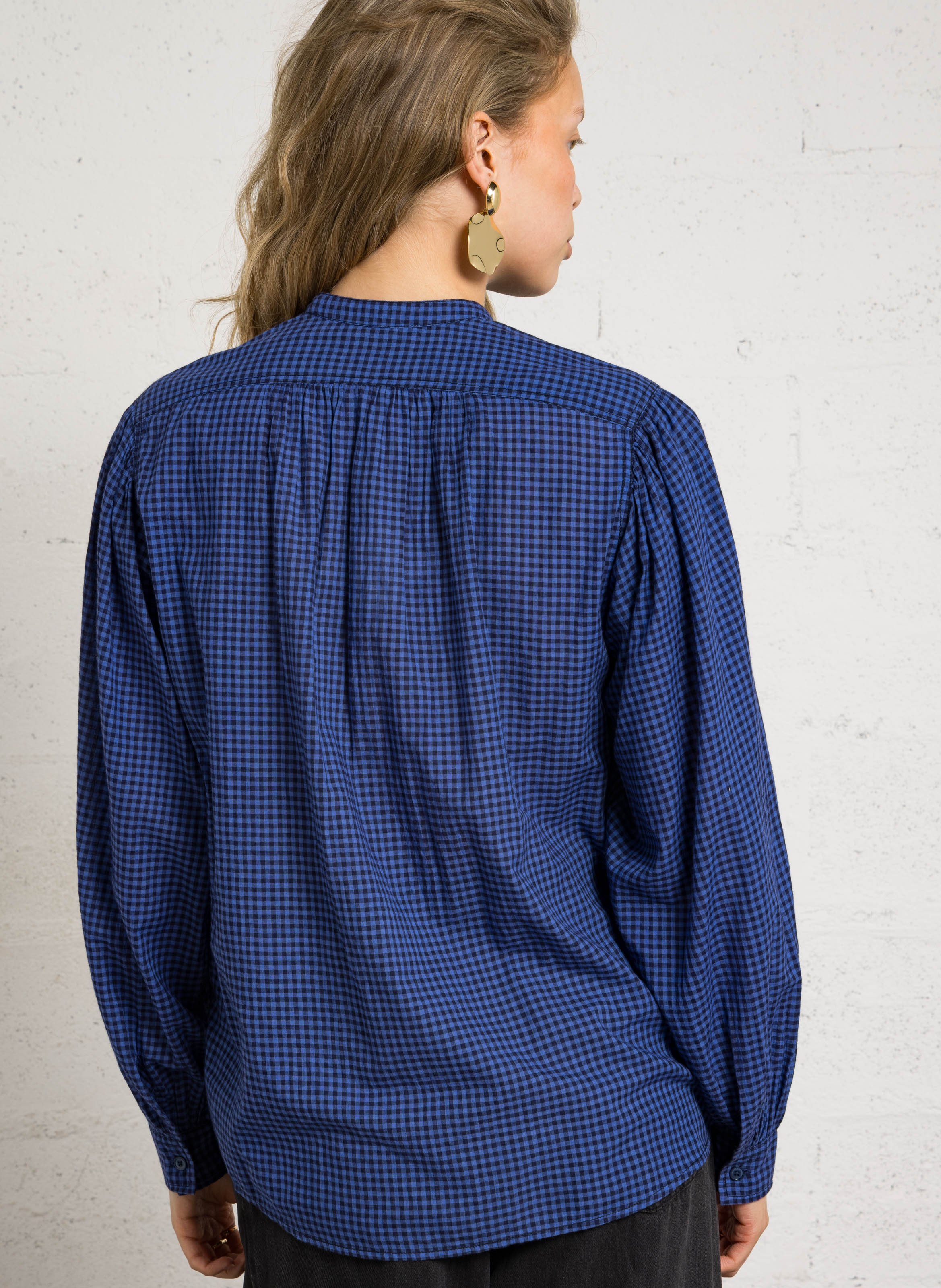 Round-neck checkered blouse with ruffles LAURENCE BRAS Blue