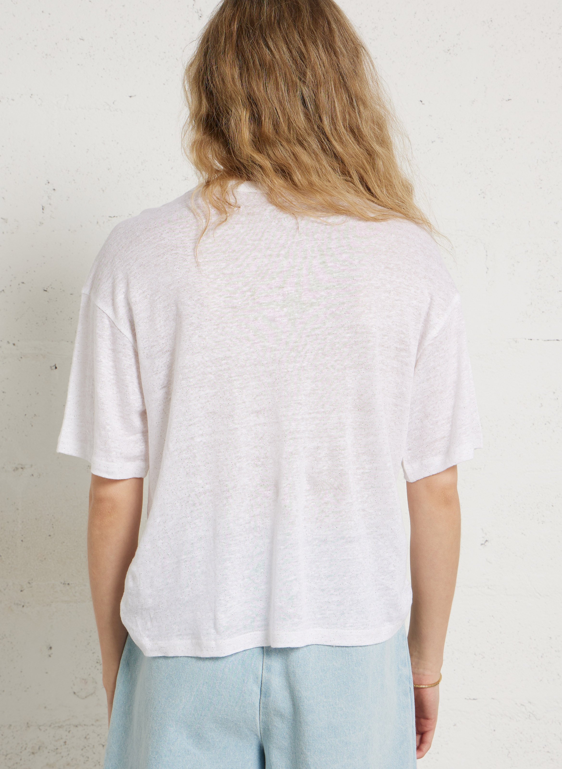 T-Shirt mit Rundhalsausschnitt und Pailletten aus Leinen DES PETITS HAUTS Beige