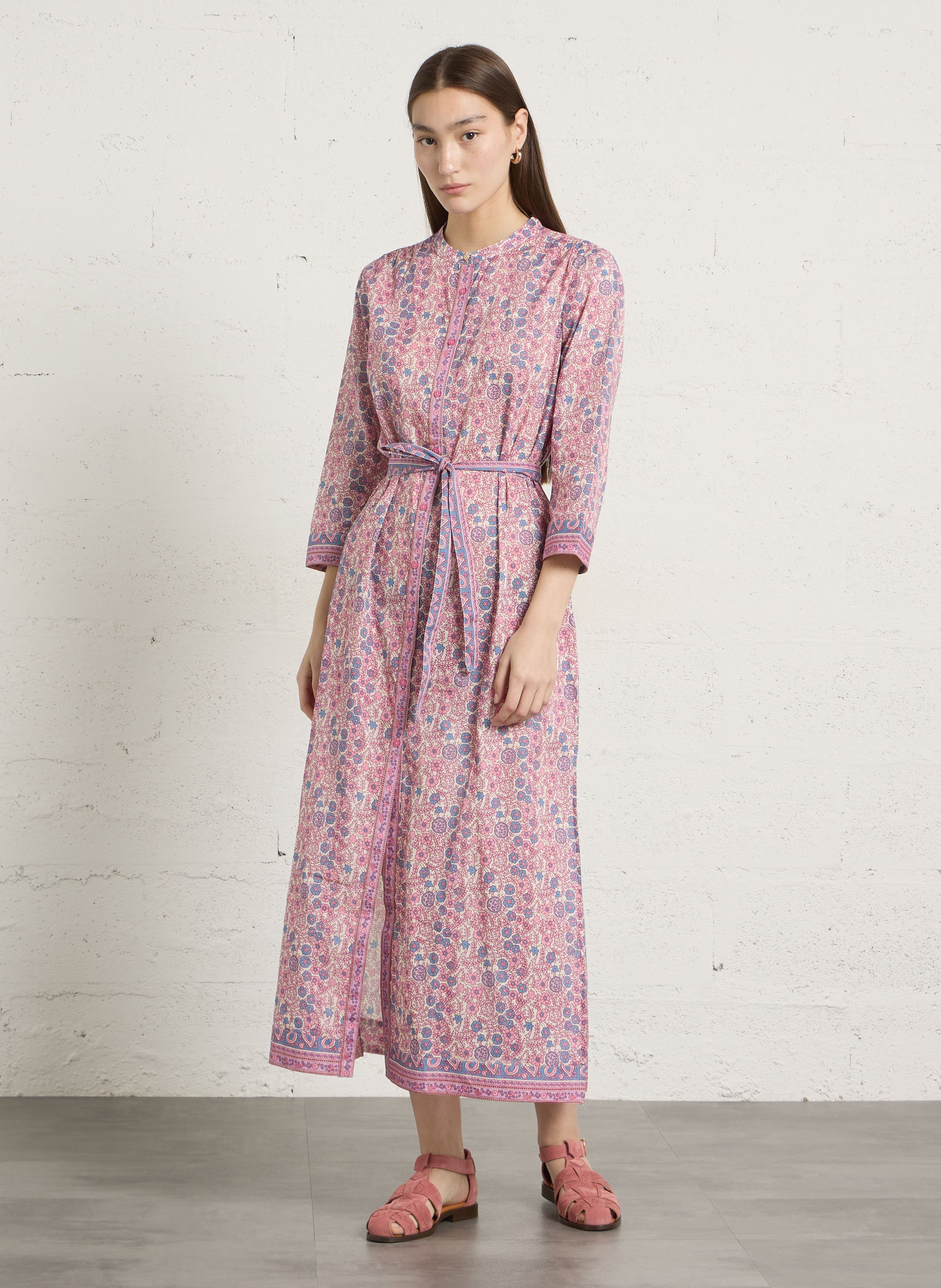 Lange, katoenen jurk met ronde hals PETITE MENDIGOTE Beige