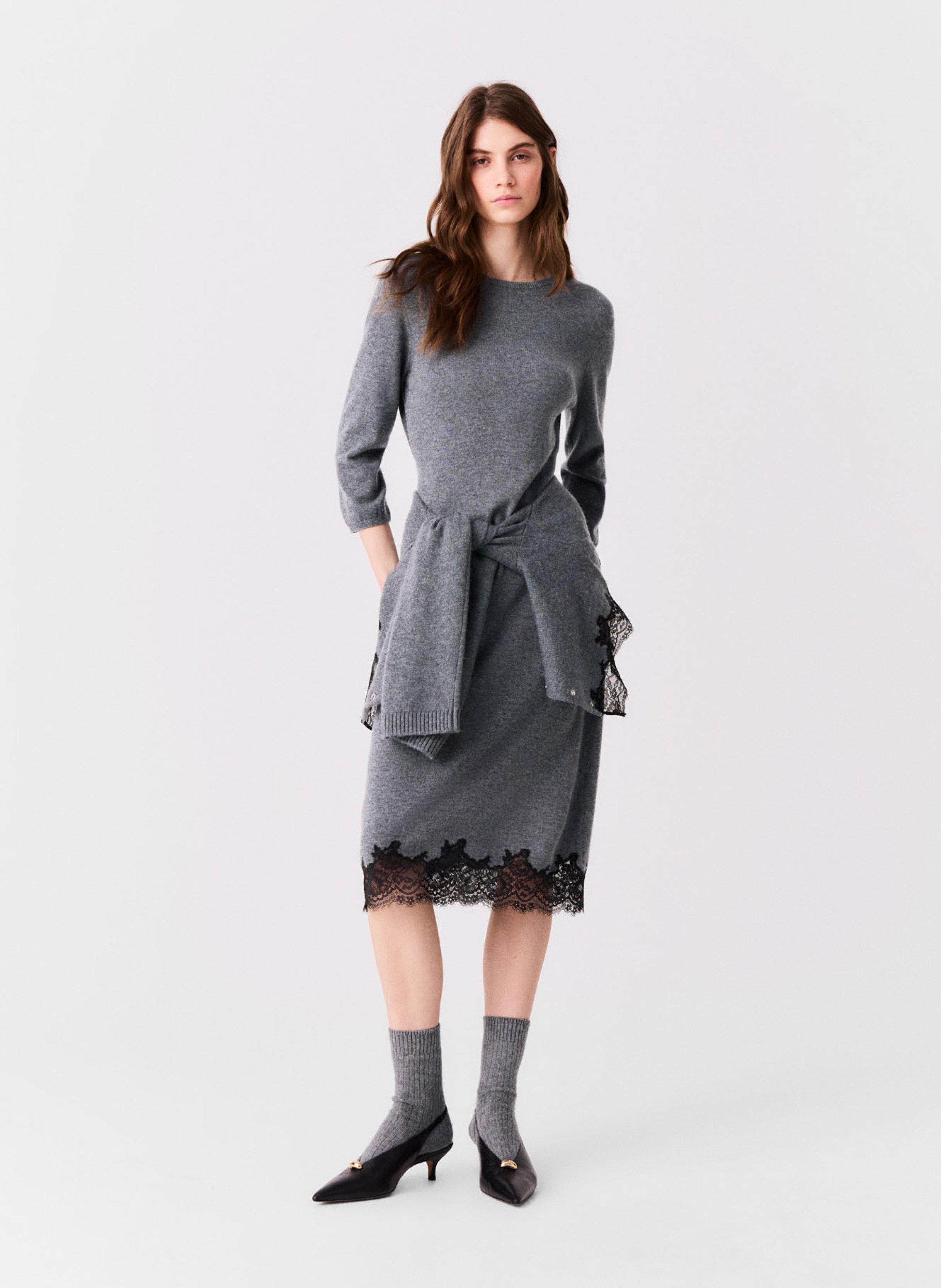 Robe midi droite en laine MAJE Gris