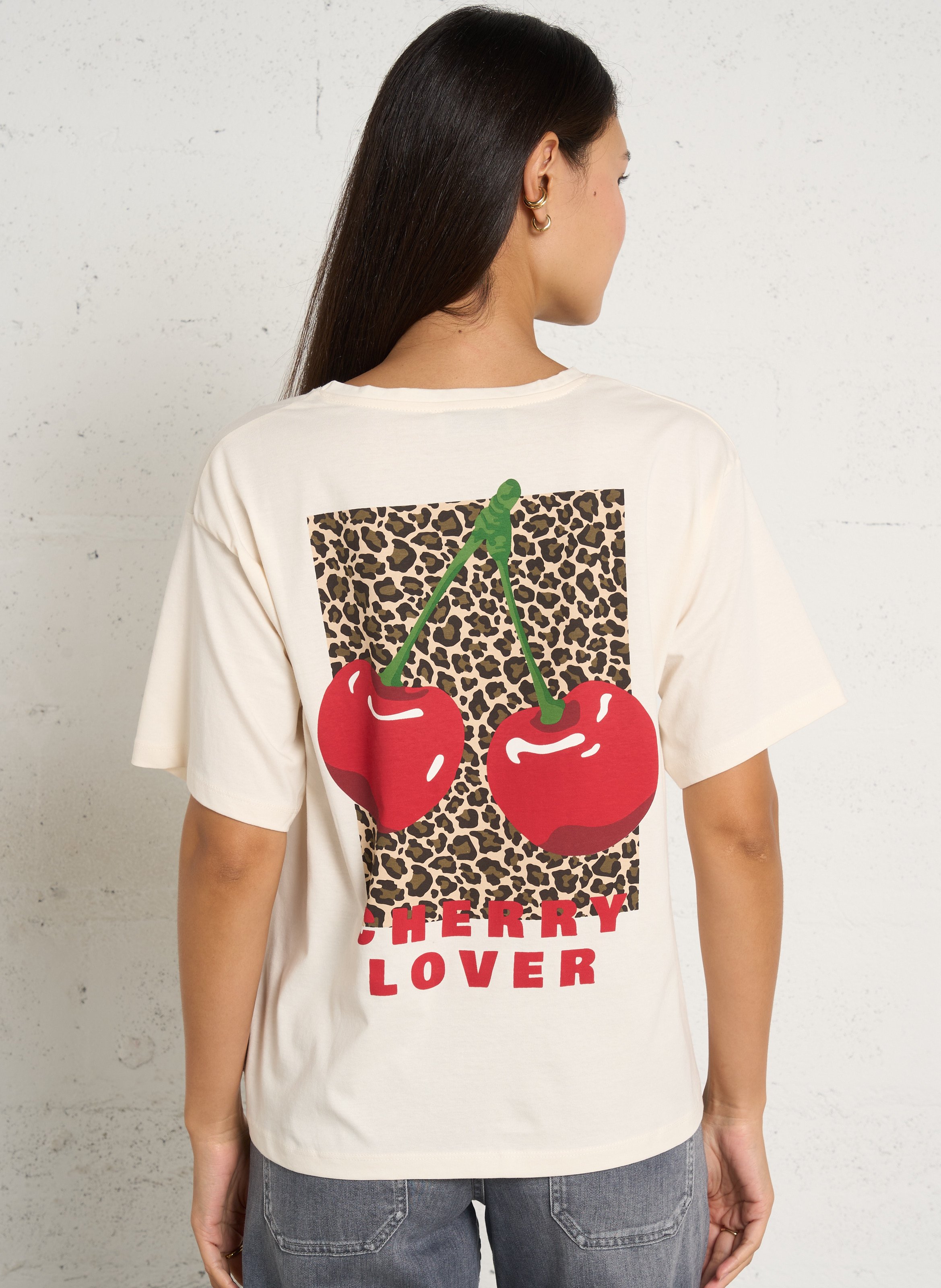 V-neck loose cotton T-shirt with screen print LE TEMPS DES CERISES White