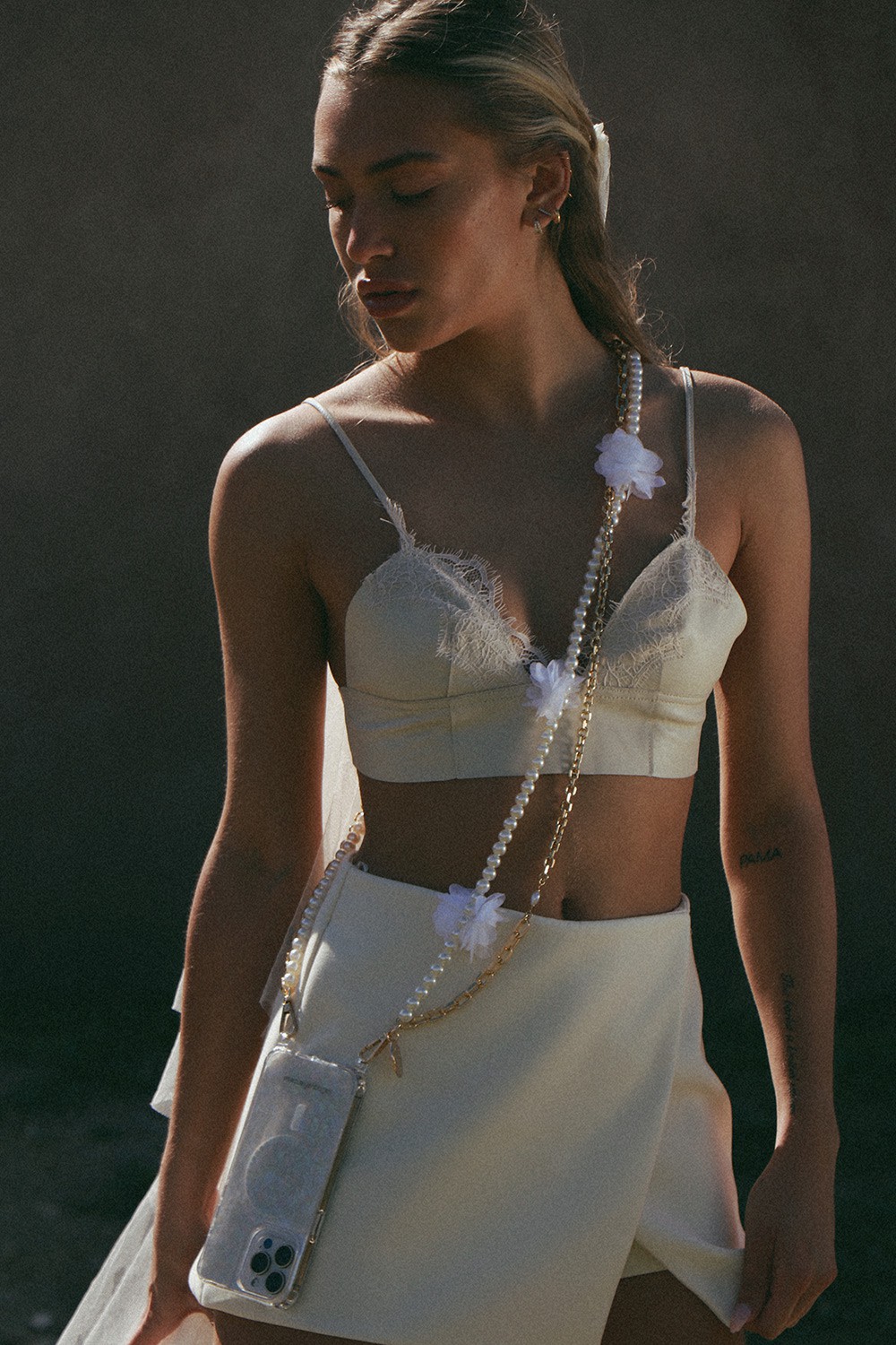 Beaded phone chain LA COQUE FRANCAISE White