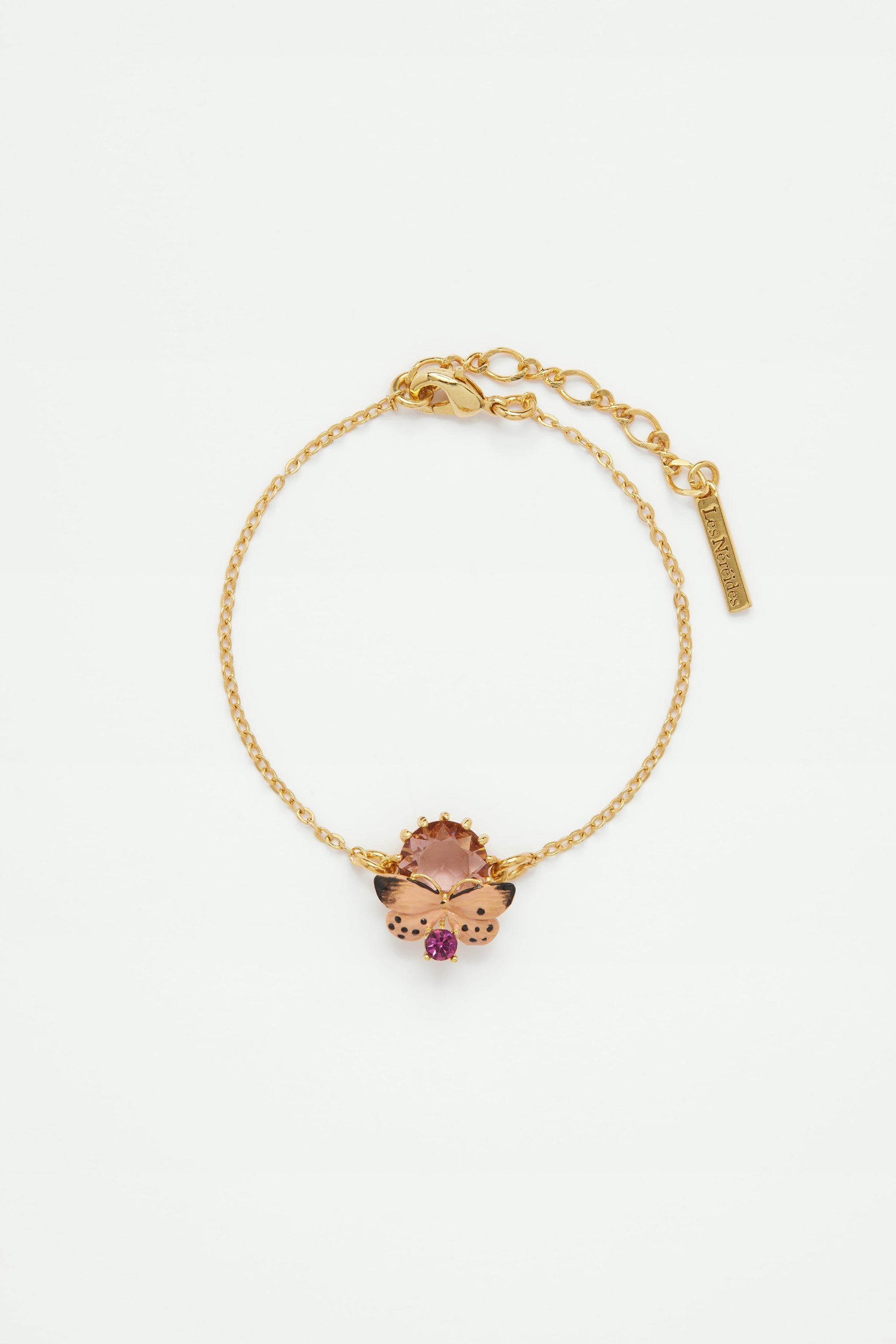 Bracelet fin papillon blanc et pierres rondes LES NEREIDES Rose