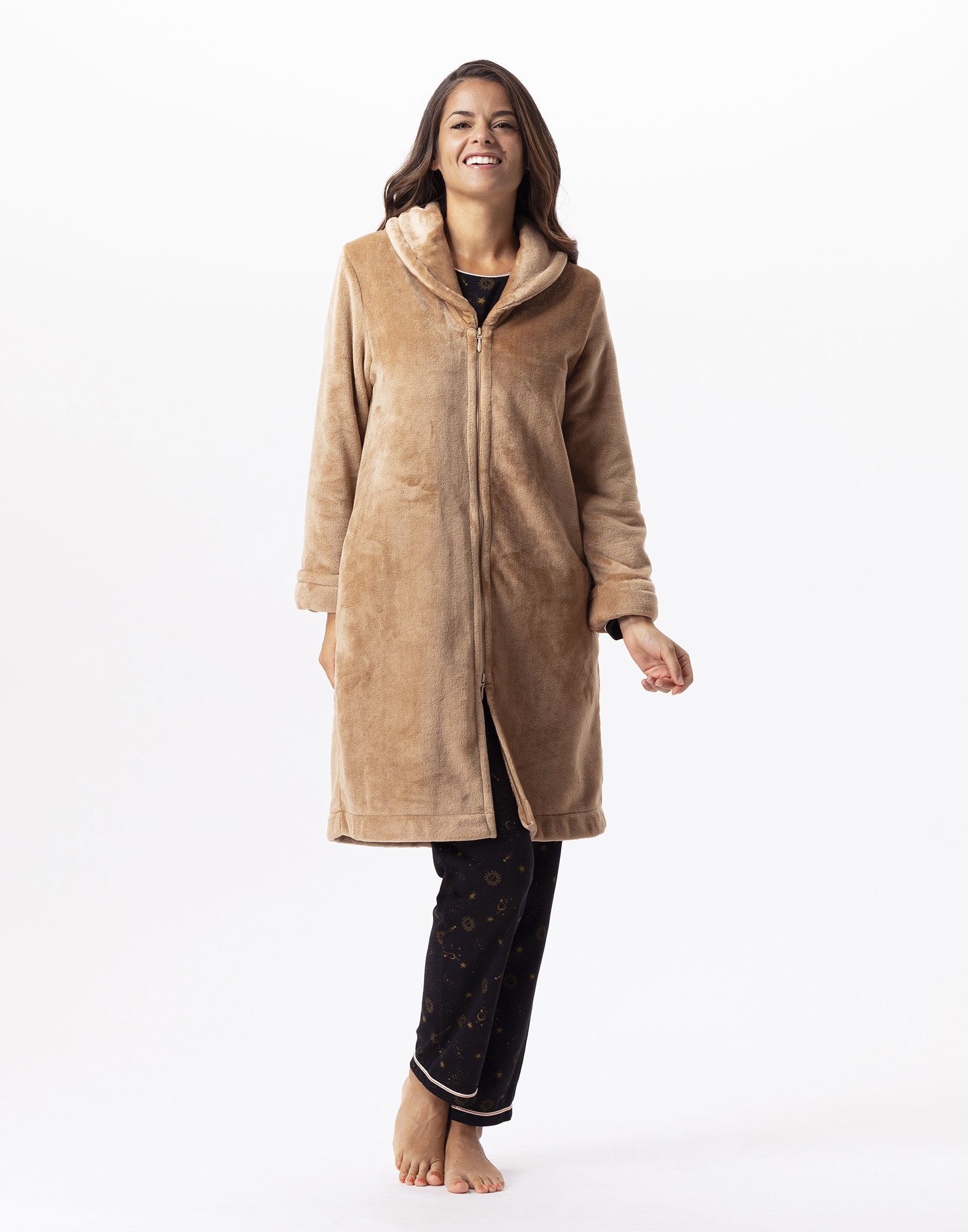 Zippered Plush Flannel Robe LE CHAT Brown