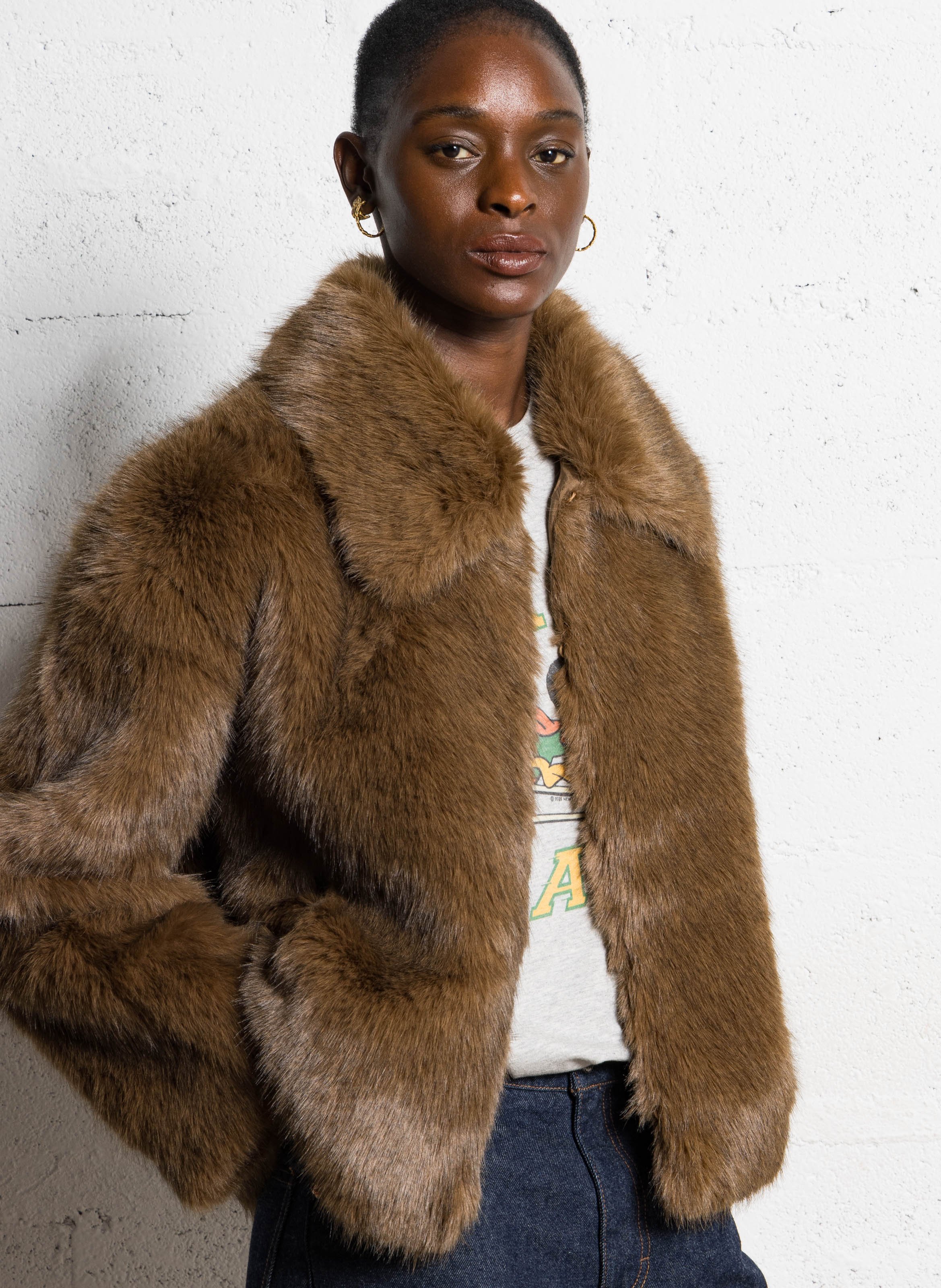 Faux fur coat with classic collar DES PETITS HAUTS Brown