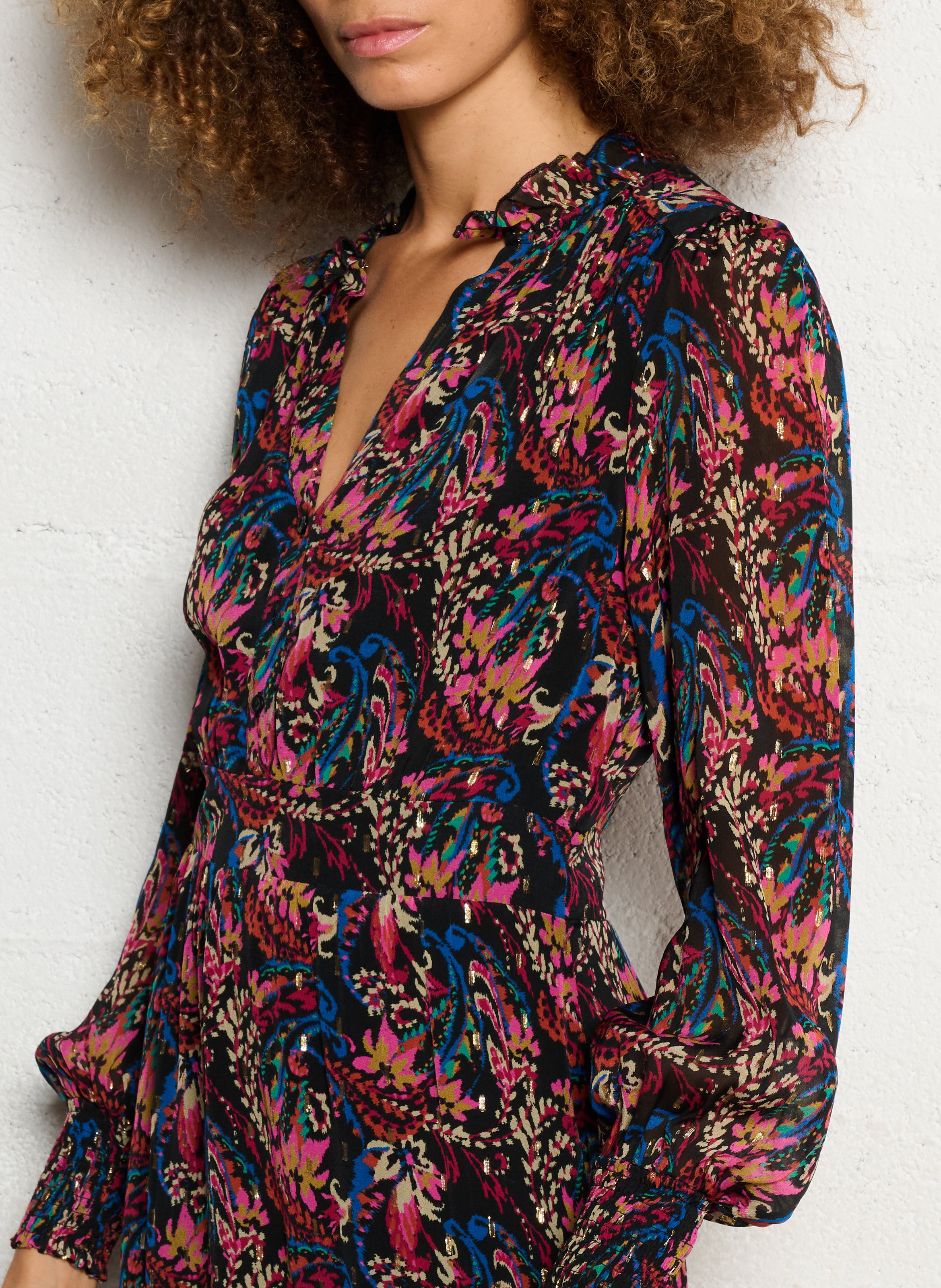 Robe longue fluide imprimée à volants BERENICE Multicolore