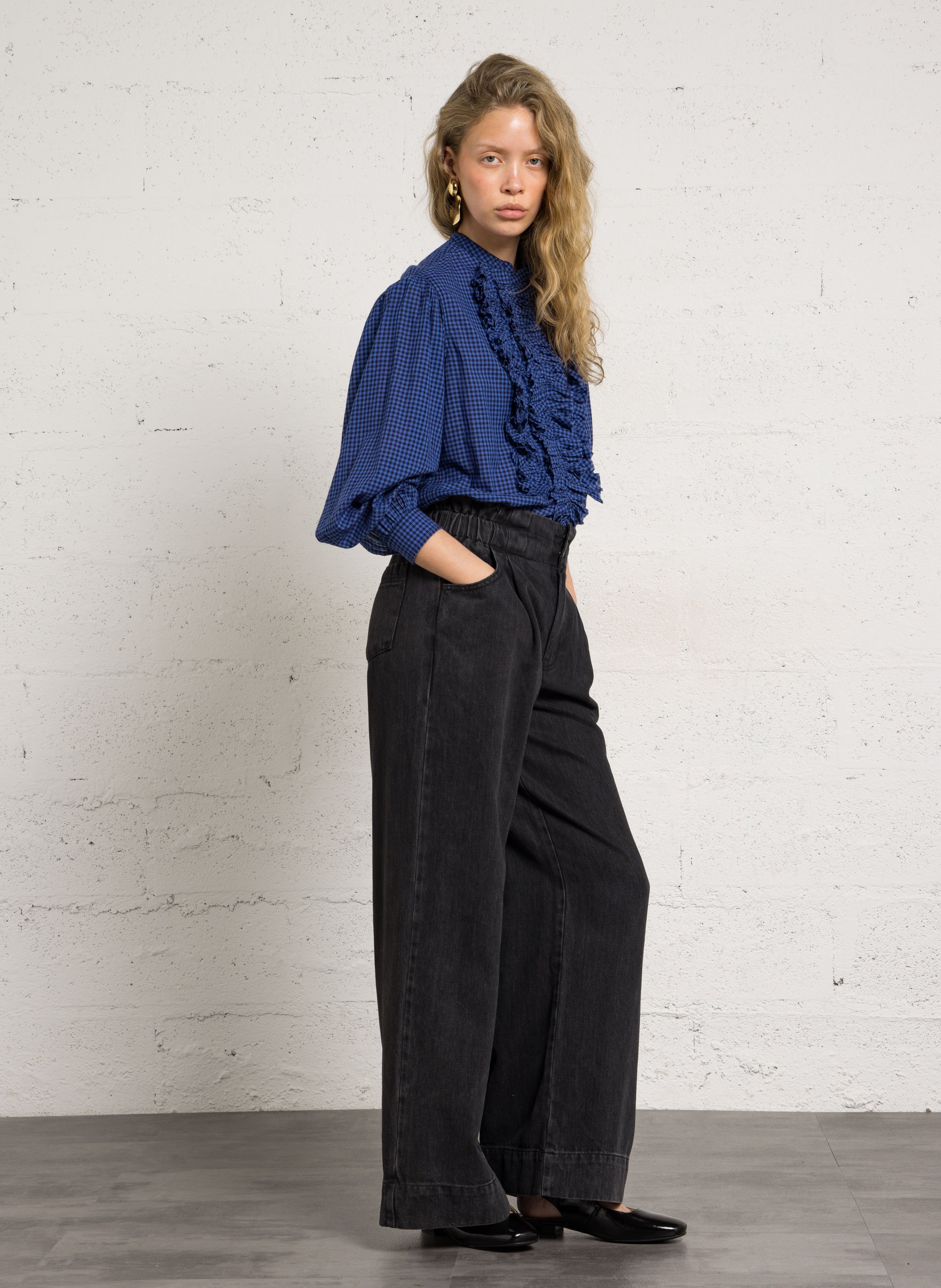 Round-neck checkered blouse with ruffles LAURENCE BRAS Blue