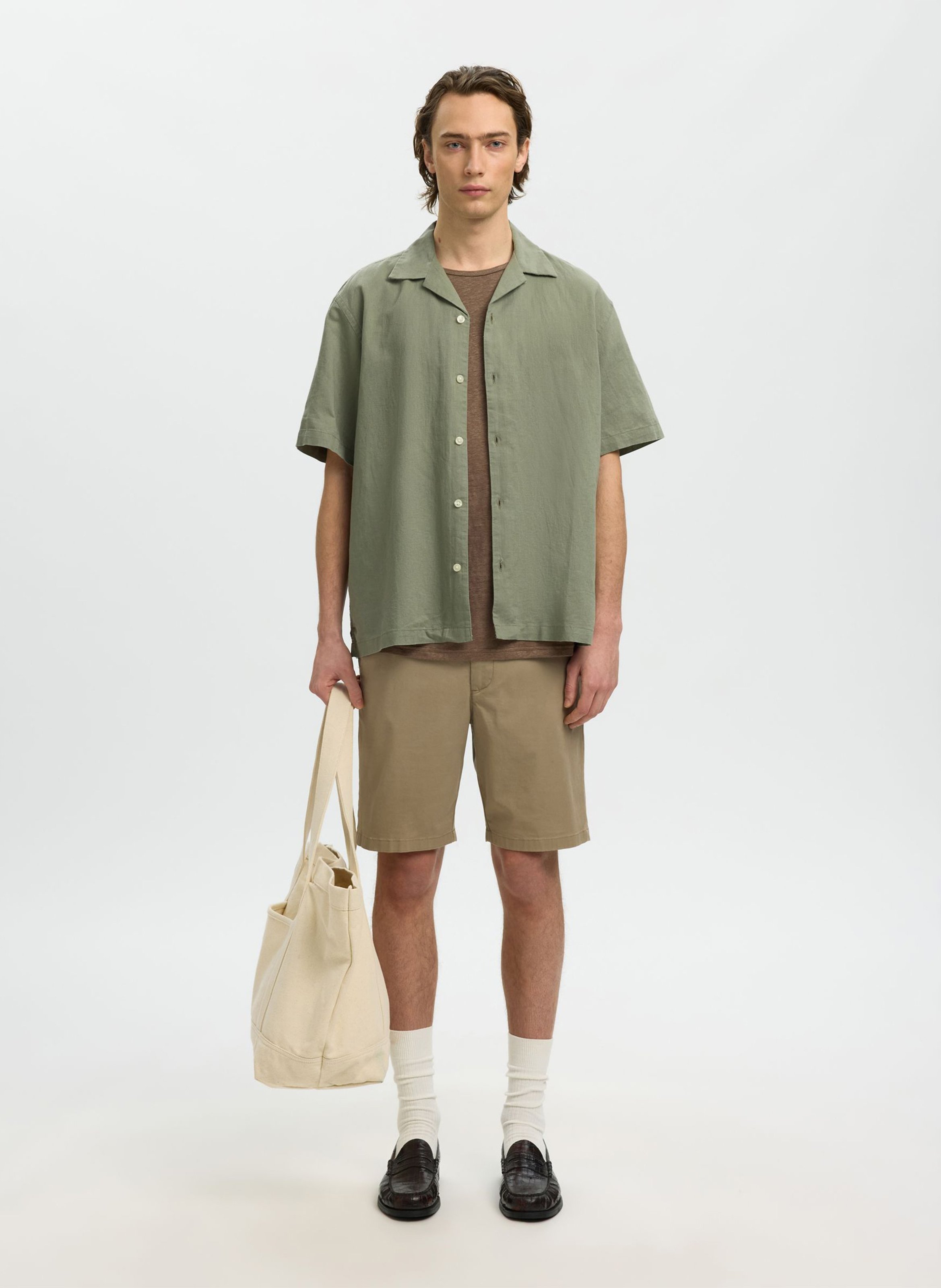 Gerade Hemd mit kubanischem Kragen aus Leinen und Baumwollmischung SELECTED Grau