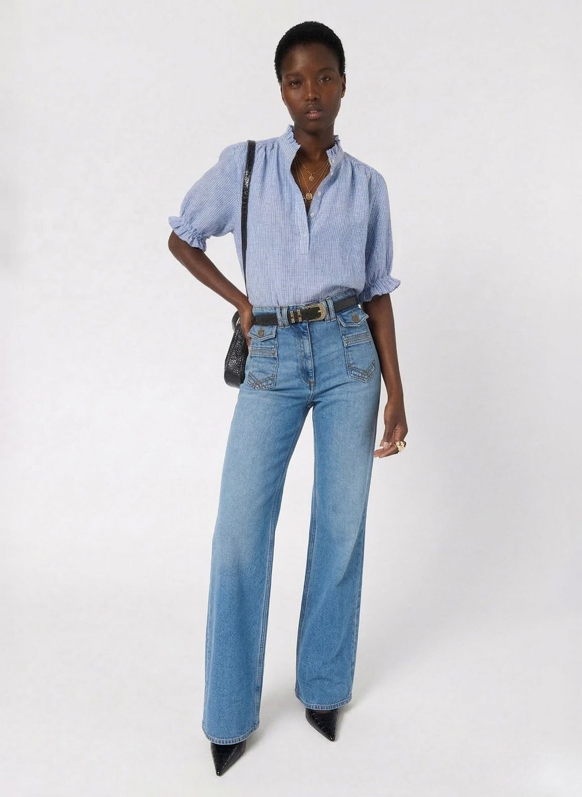 Top col tunisien rayé en lin GERARD DAREL Bleu