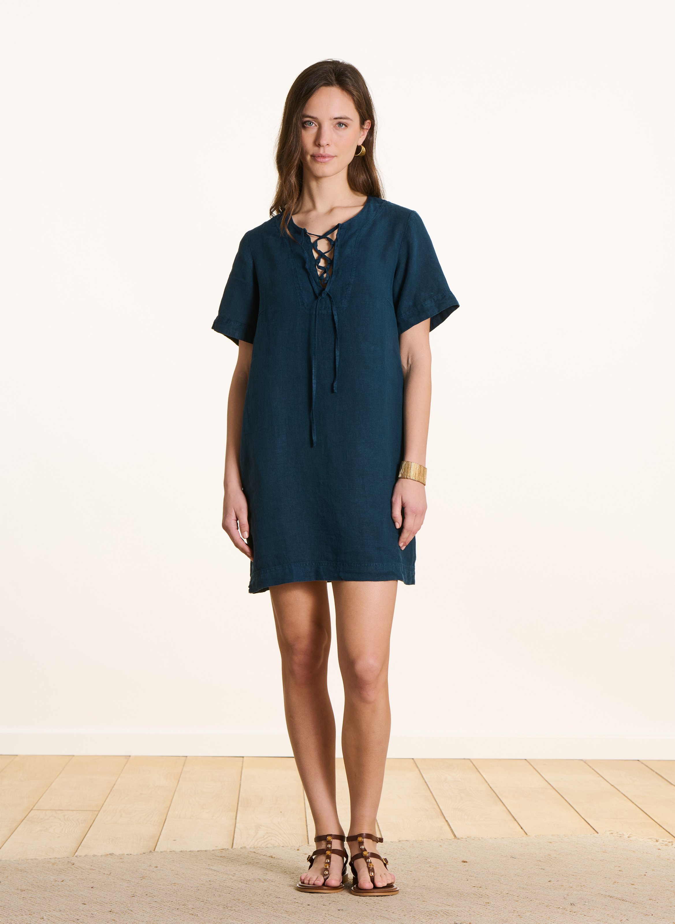Robe courte manches courtes en lin LA FEE MARABOUTEE Bleu
