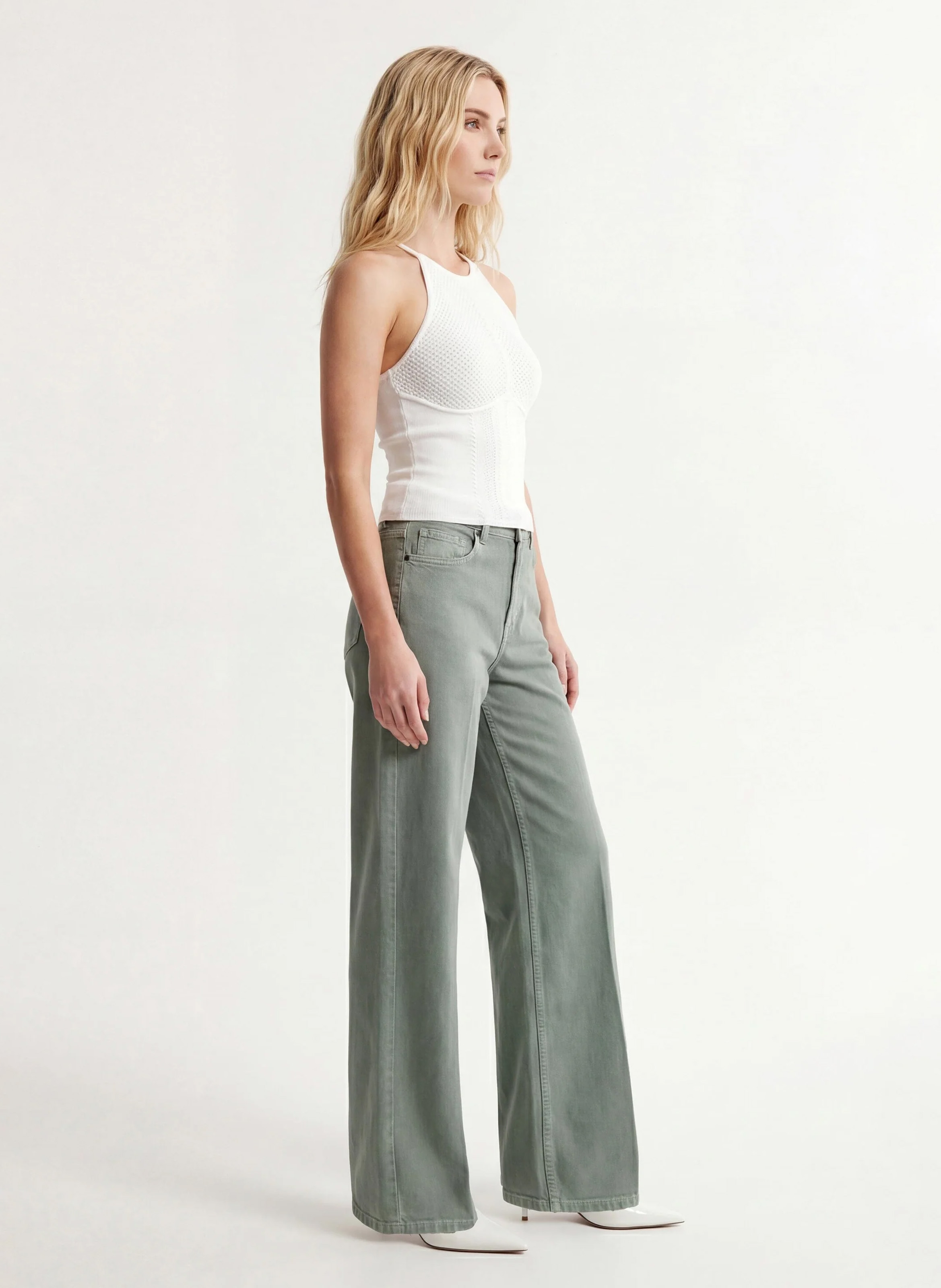 Jean large taille haute en coton mélangé KOOKAI Kaki