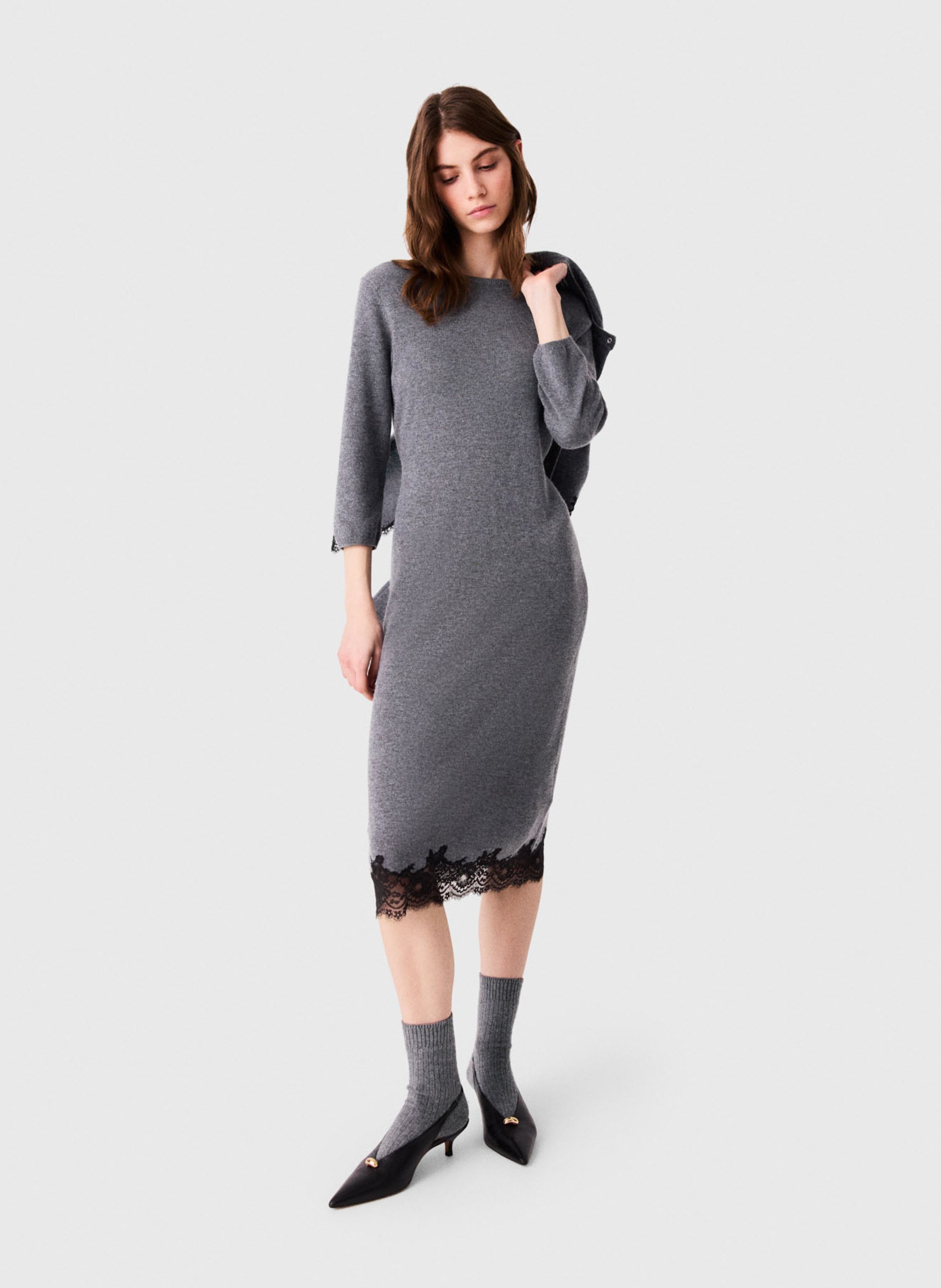 Robe midi droite en laine MAJE Gris