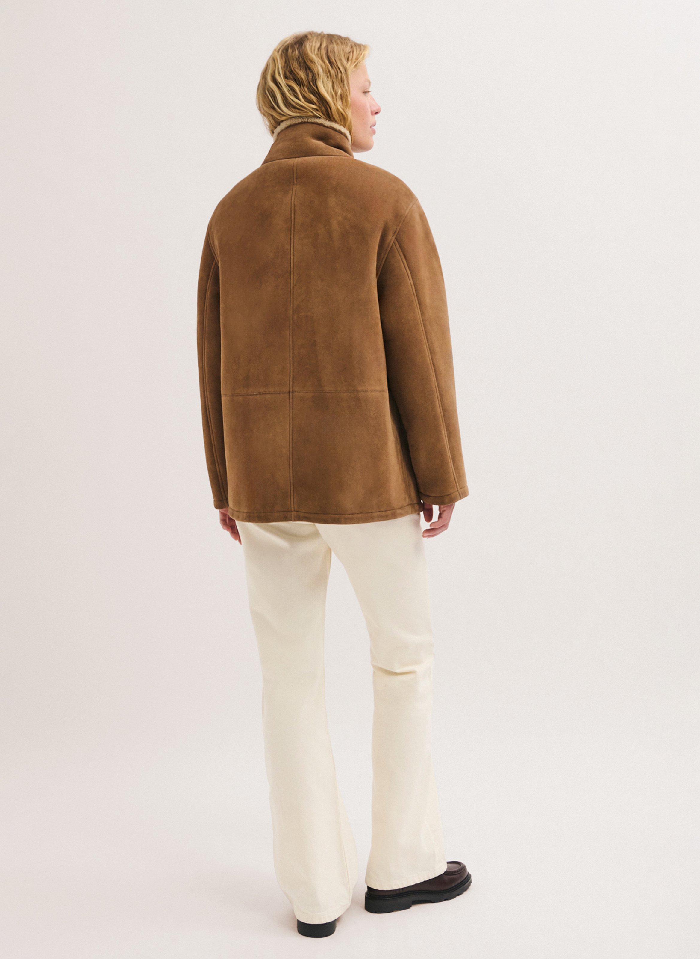 Manteau col montant droit uni en cuir PABLO Marron
