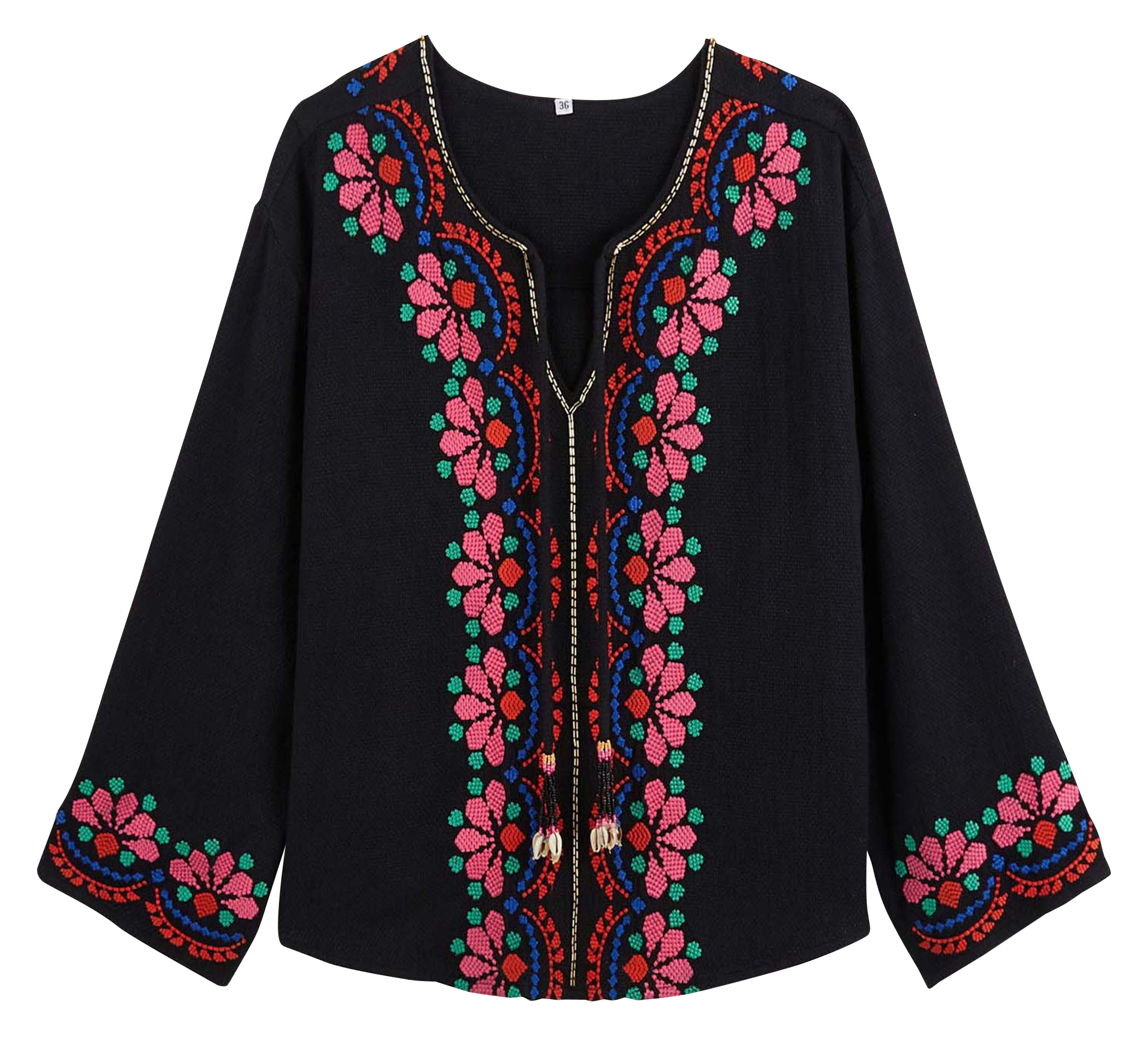 Straight embroidered cotton blouse with Tunisian collar WILD Black