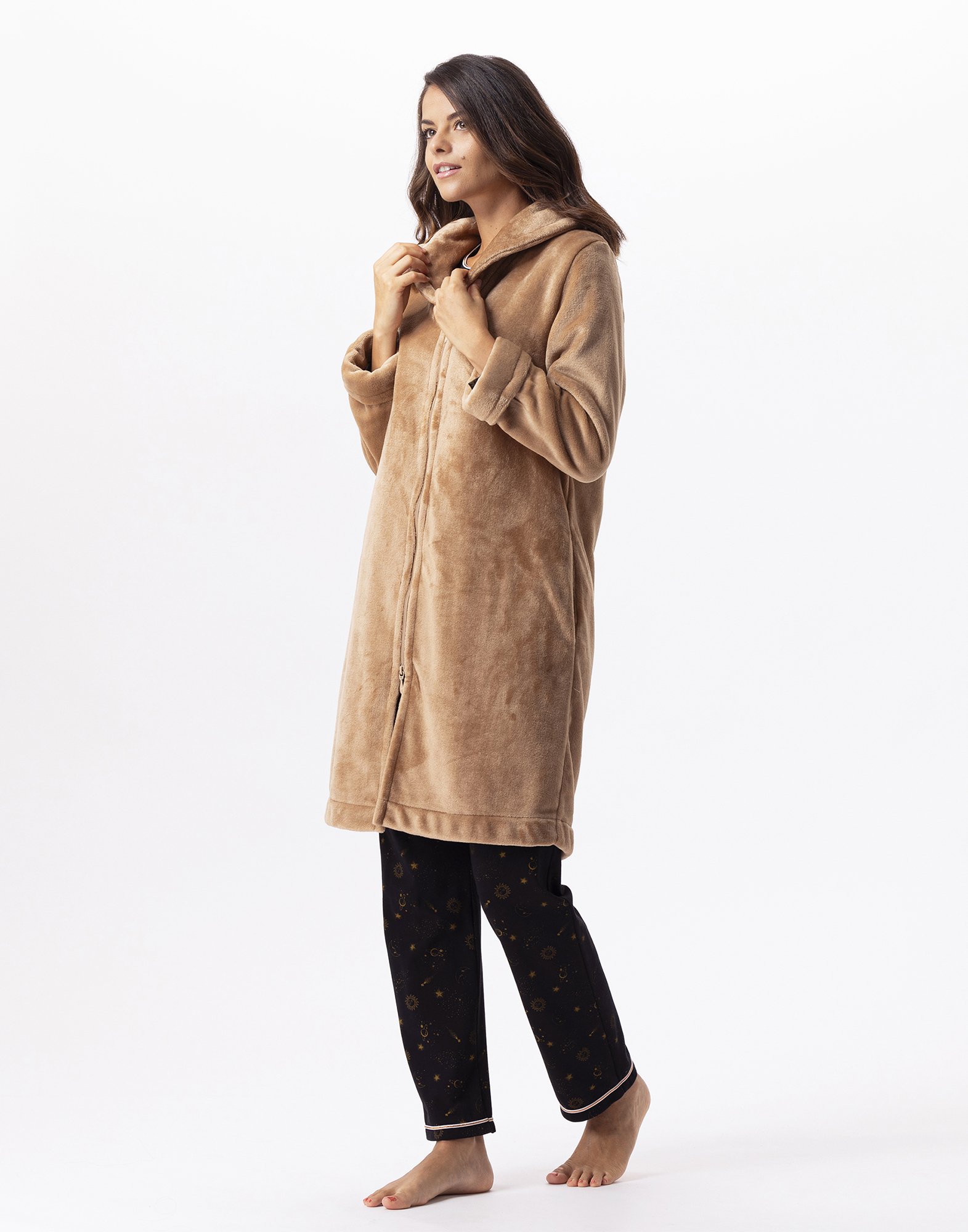 Zippered Plush Flannel Robe LE CHAT Brown