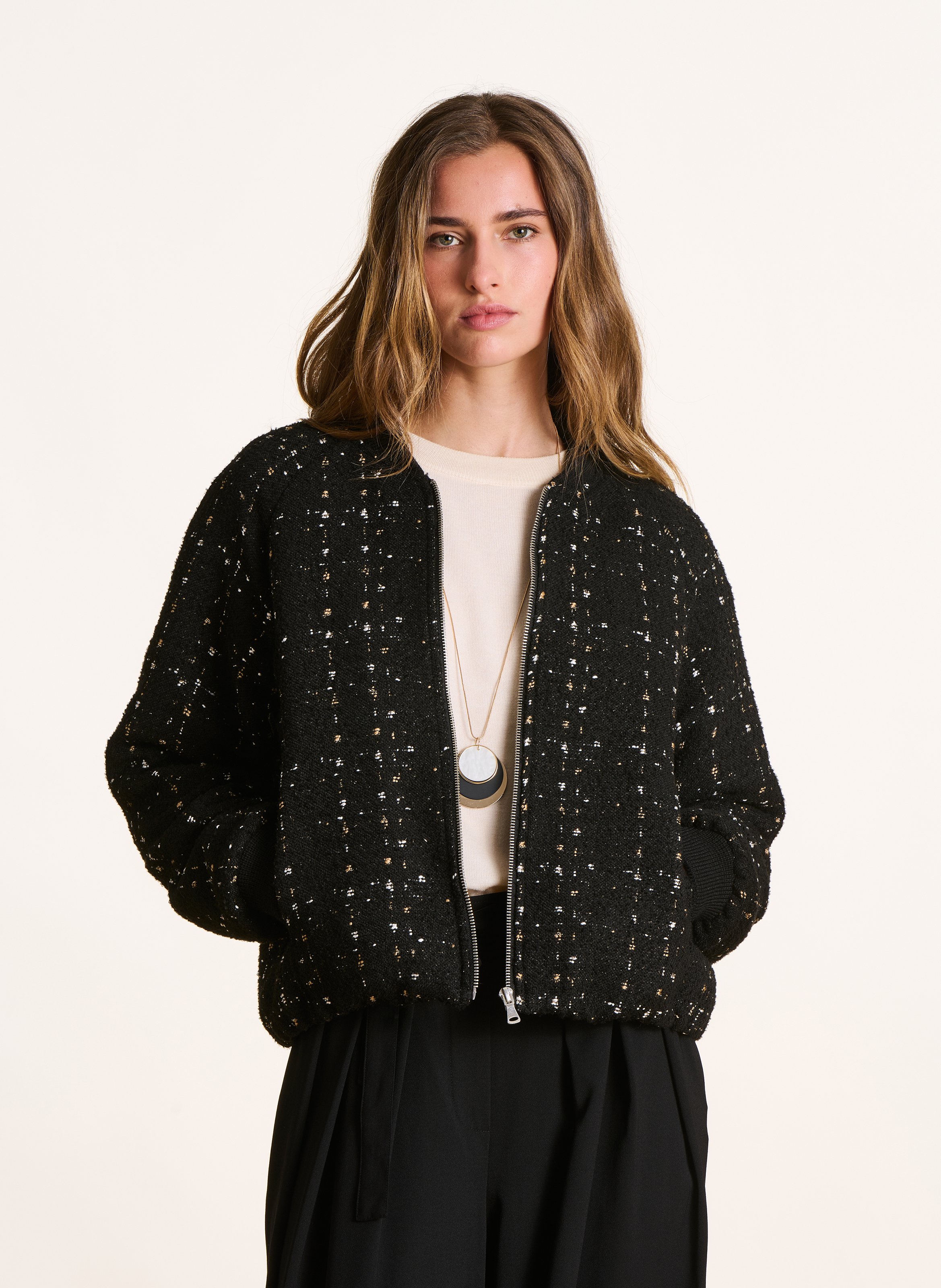 Zip-up round neck tweed effect jacket LA FEE MARABOUTEE Black