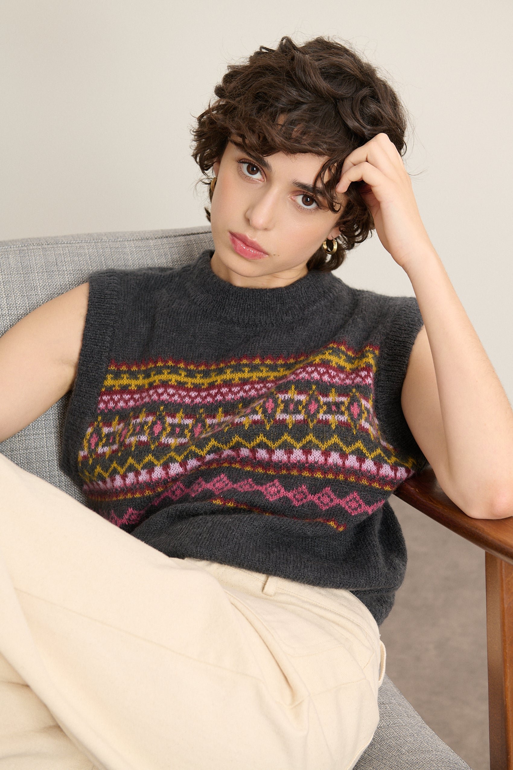 Sleeveless round neck sweater with Norwegian jacquard pattern GARANCE PARIS Grey