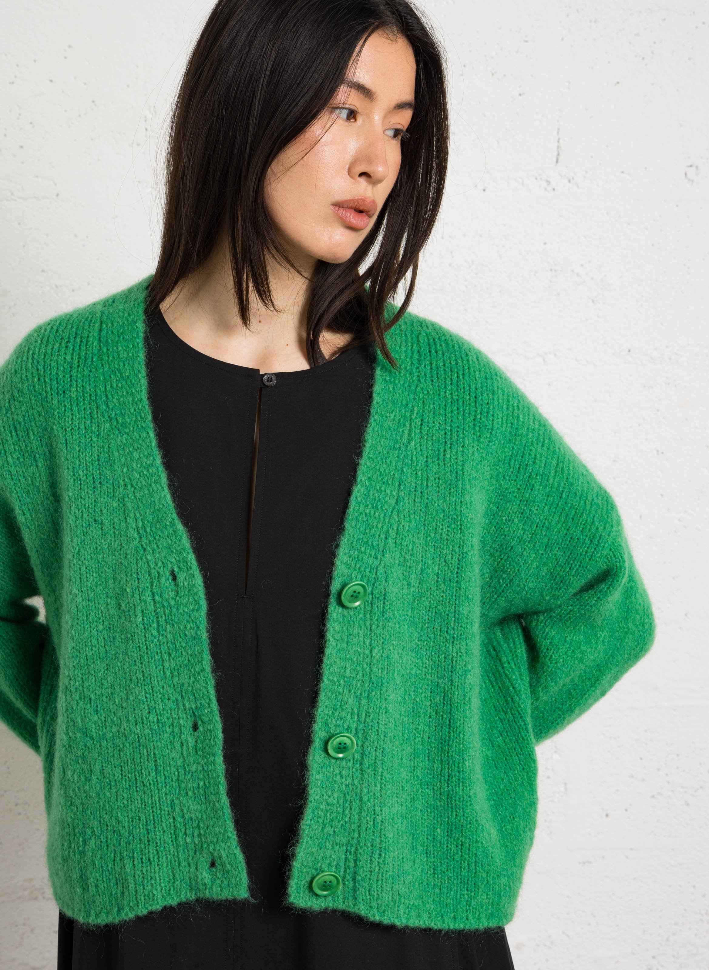Loose-fit wool-blend cardigan with V-neck MAISON ANJE Green