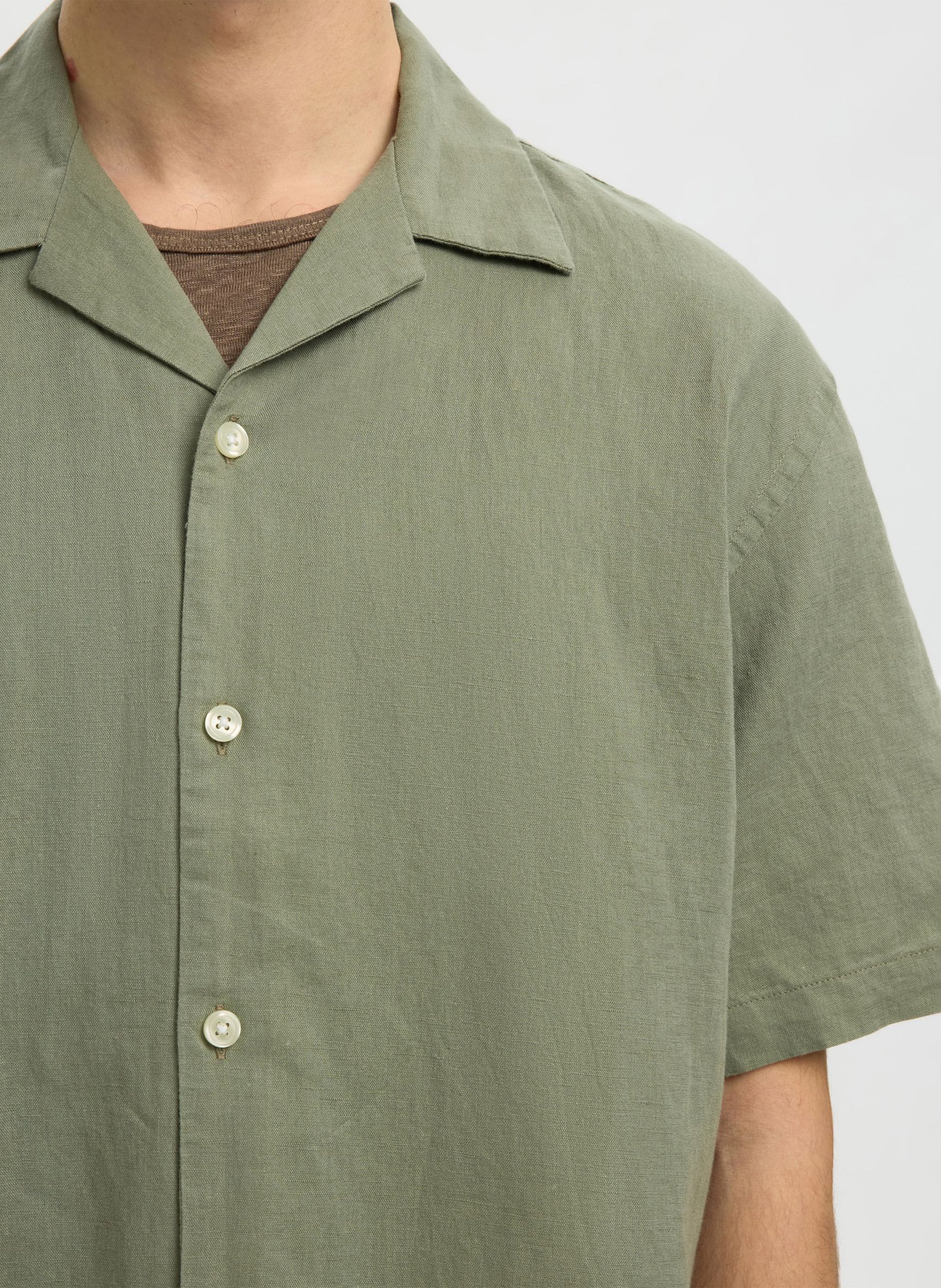 Gerade Hemd mit kubanischem Kragen aus Leinen und Baumwollmischung SELECTED Grau