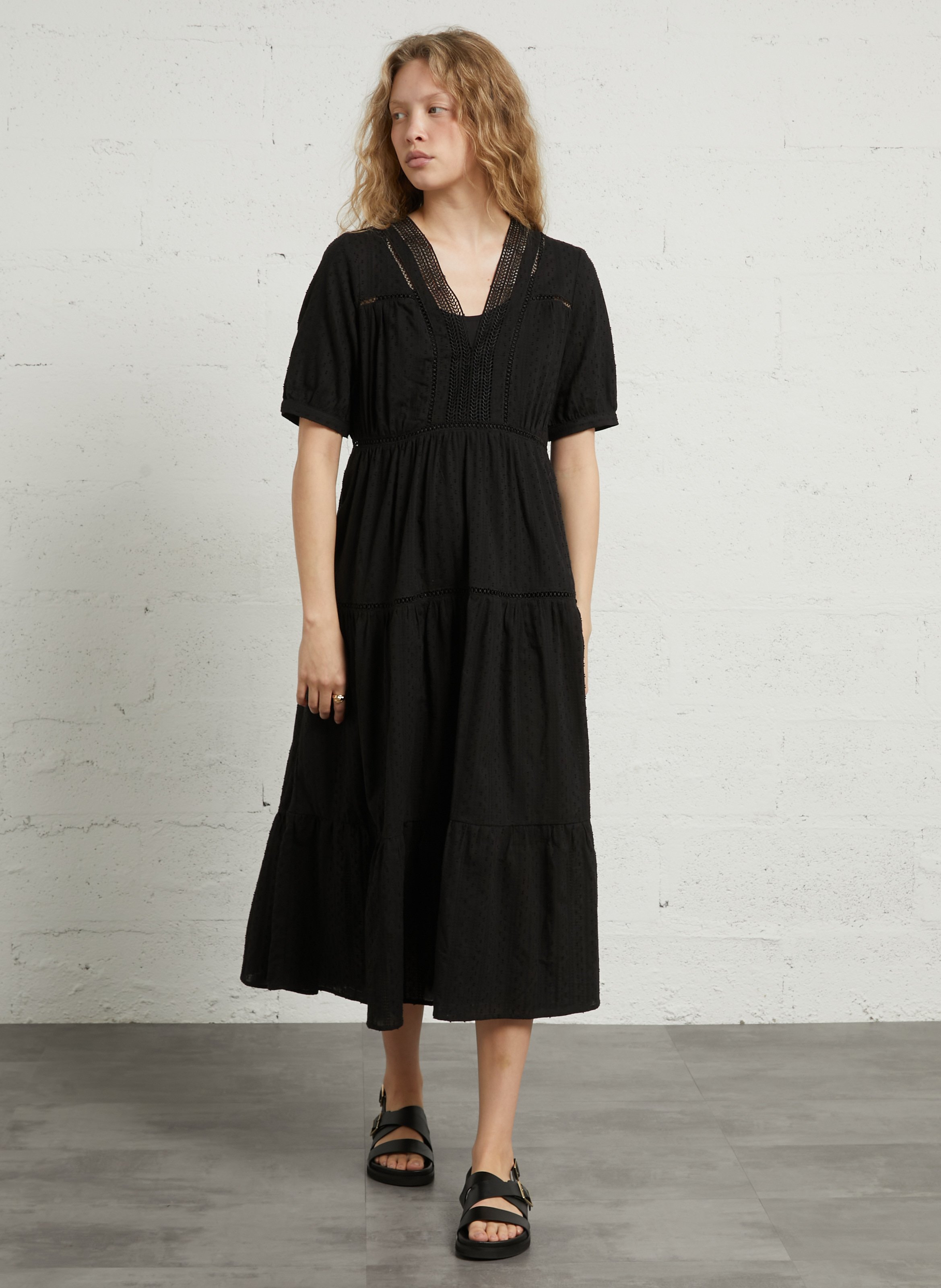 Ruimvallende, katoenen jurk met V-hals SEE U SOON Zwart