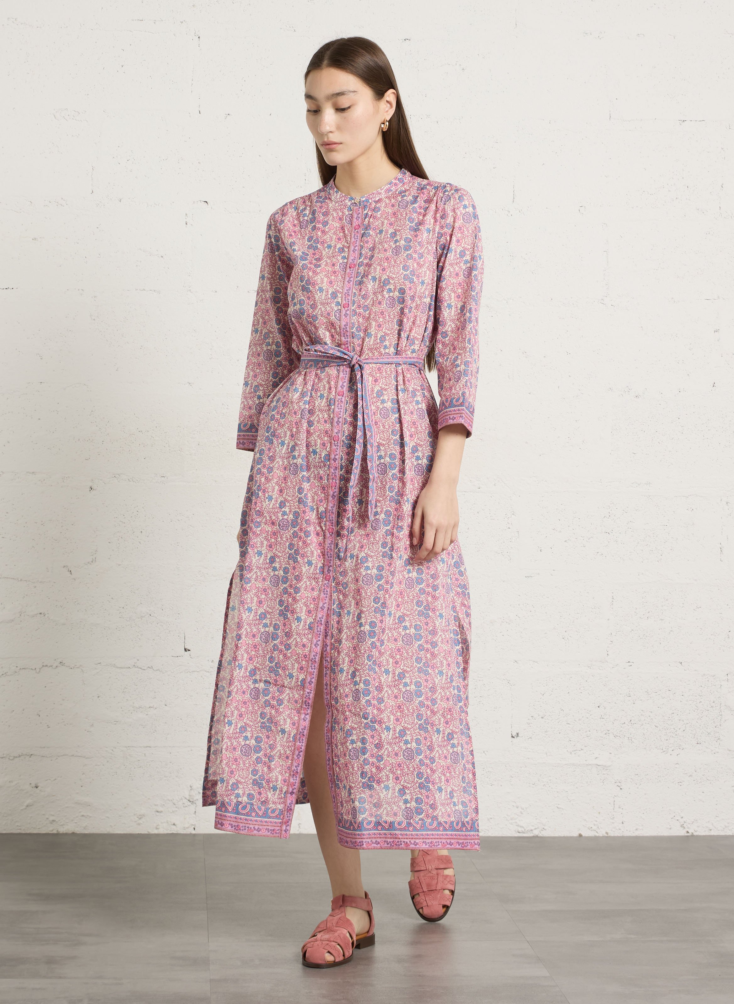 Lange, katoenen jurk met ronde hals PETITE MENDIGOTE Beige