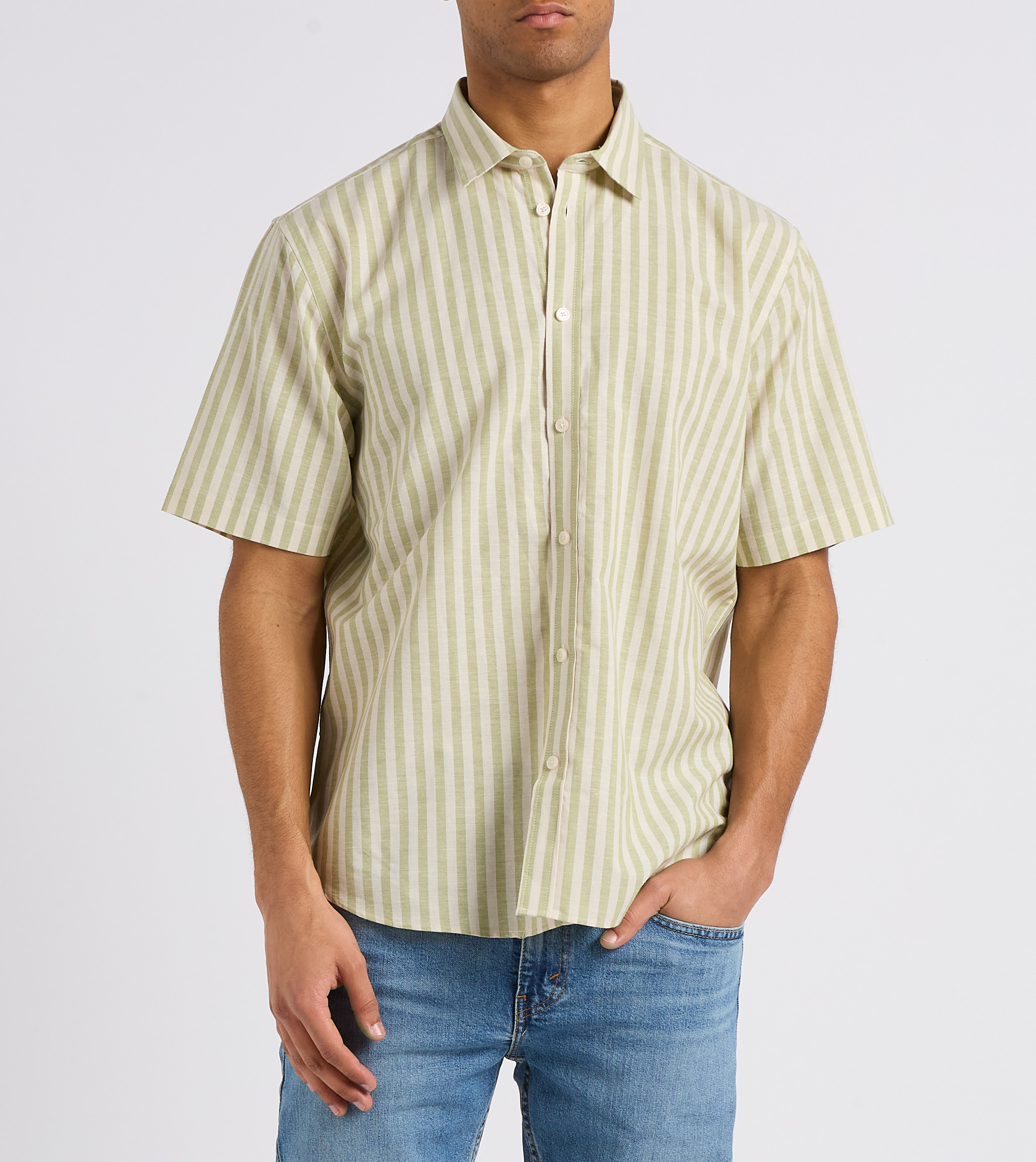 Regular-fit gestreept overhemd van biologisch katoen en linnen MINIMUM Kaki