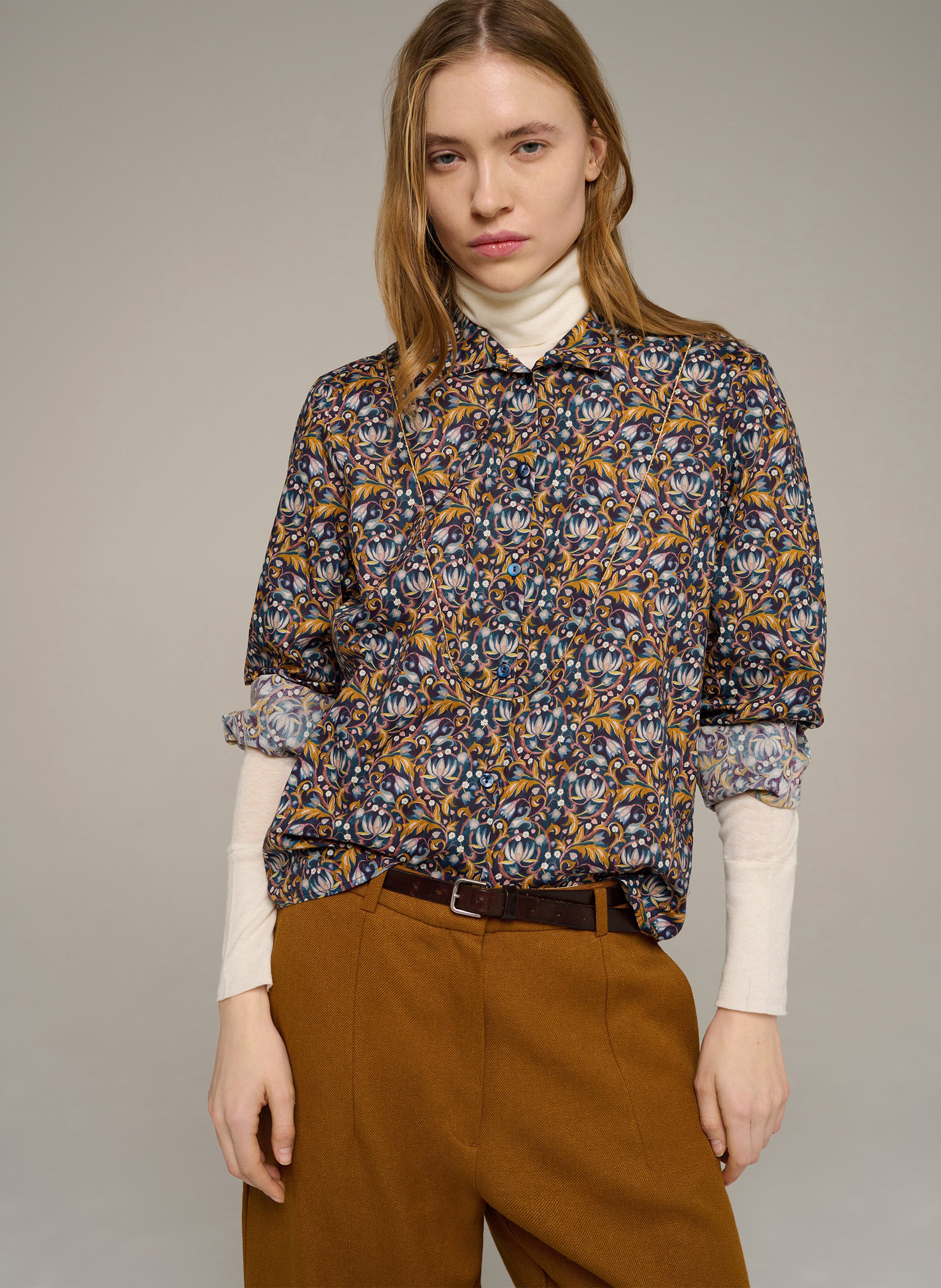 Chemise droite col classique imprimé fleuri en coton COTELAC Bleu