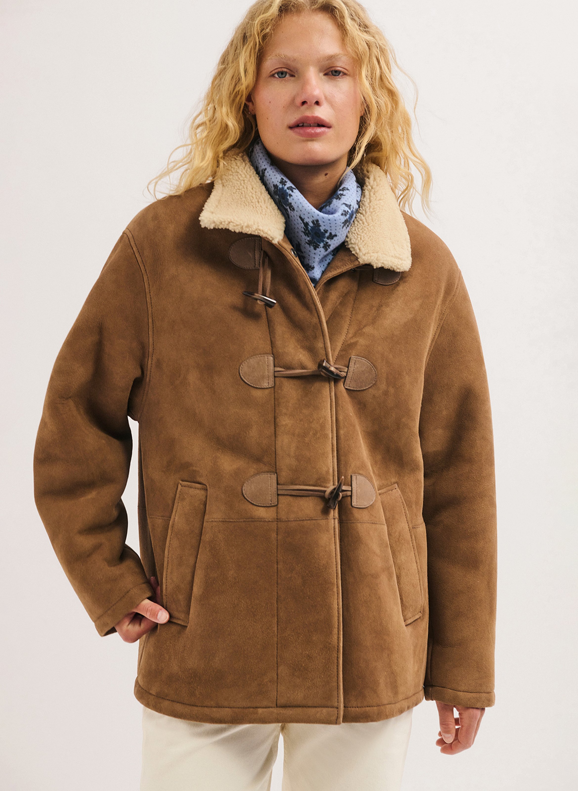 Manteau col montant droit uni en cuir PABLO Marron