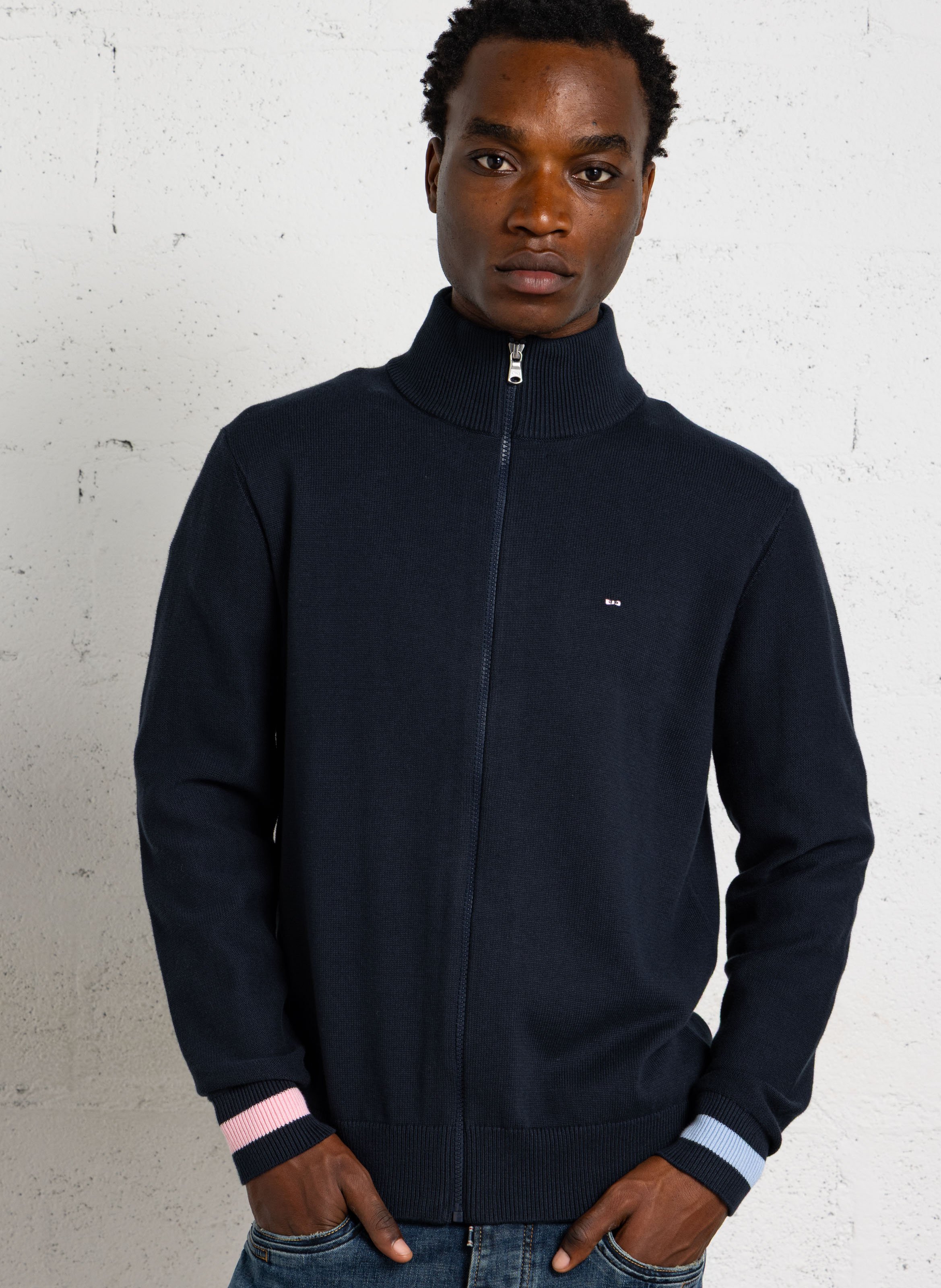 High-neck cotton cardigan EDEN PARK Blue
