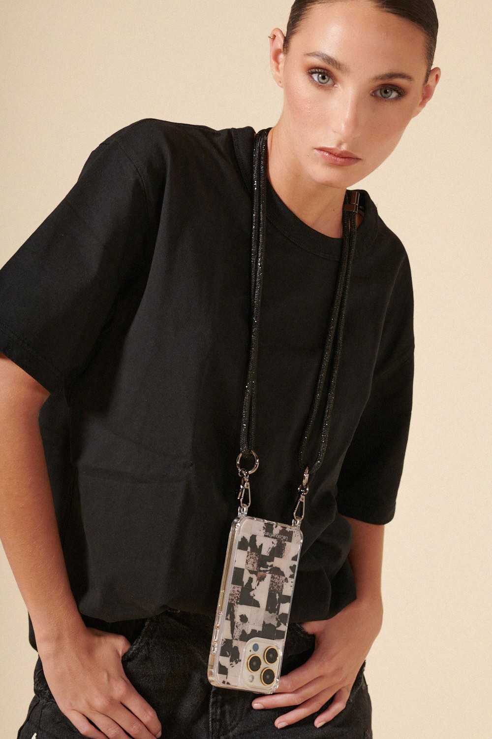 Phone cord in rhinestones LA COQUE FRANCAISE Black