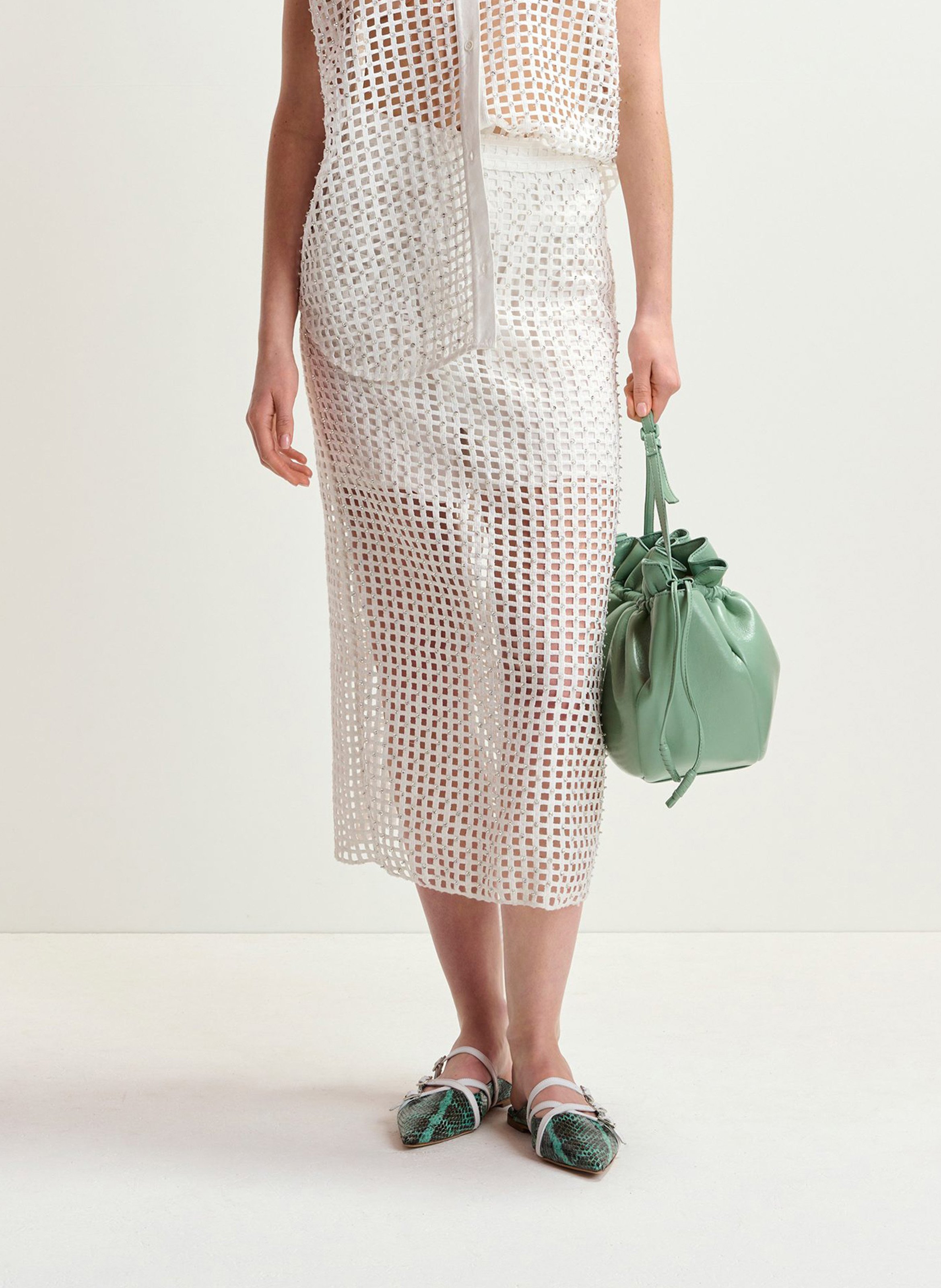 スカート ESSENTIEL ANTWERP Women Mid Skirts HANDKERCHIEF WH00 White White mesh skirt with bead embellishments | Essentiel