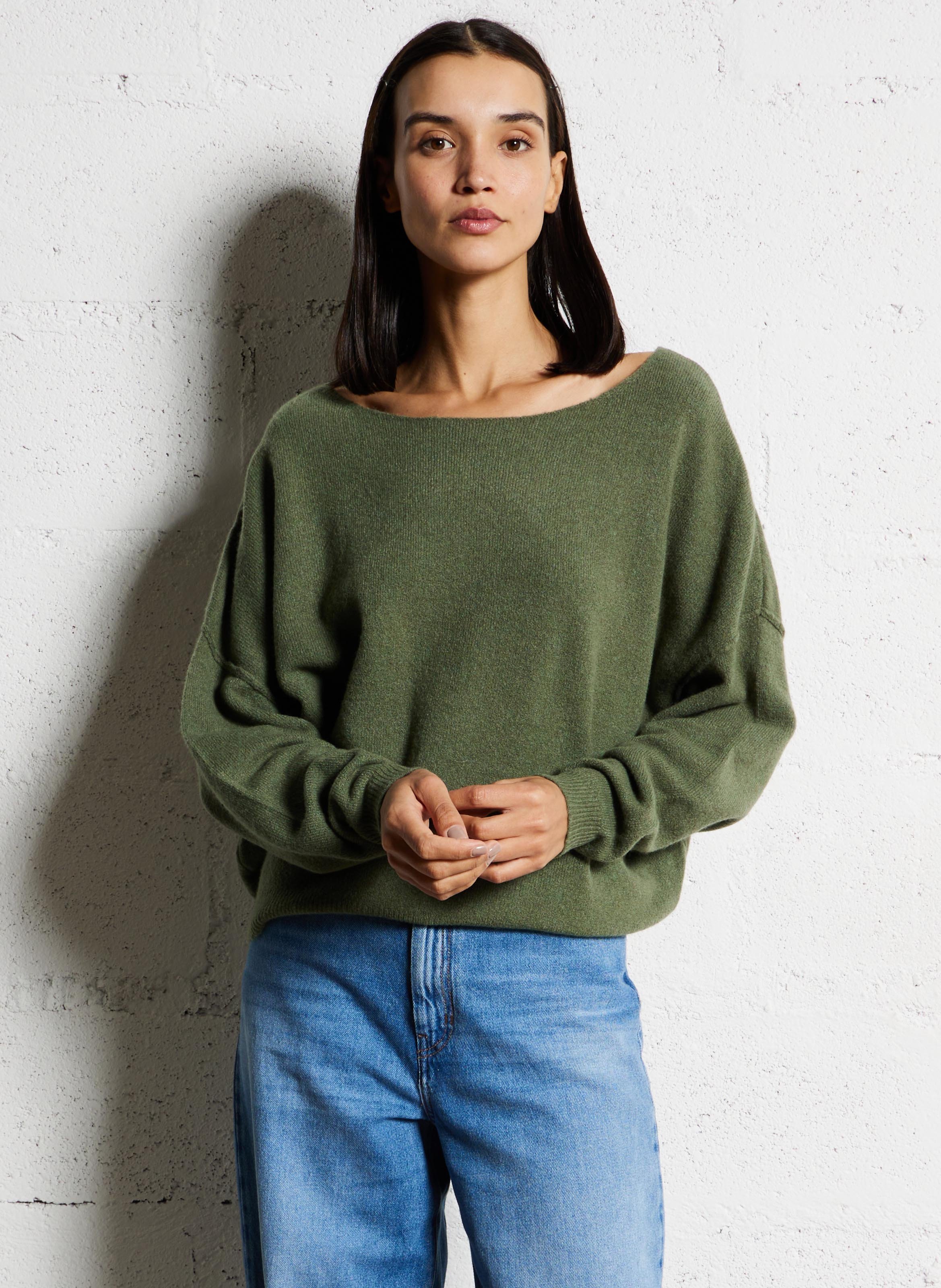 Pull ample à col bateau en maille duveteuse Vert