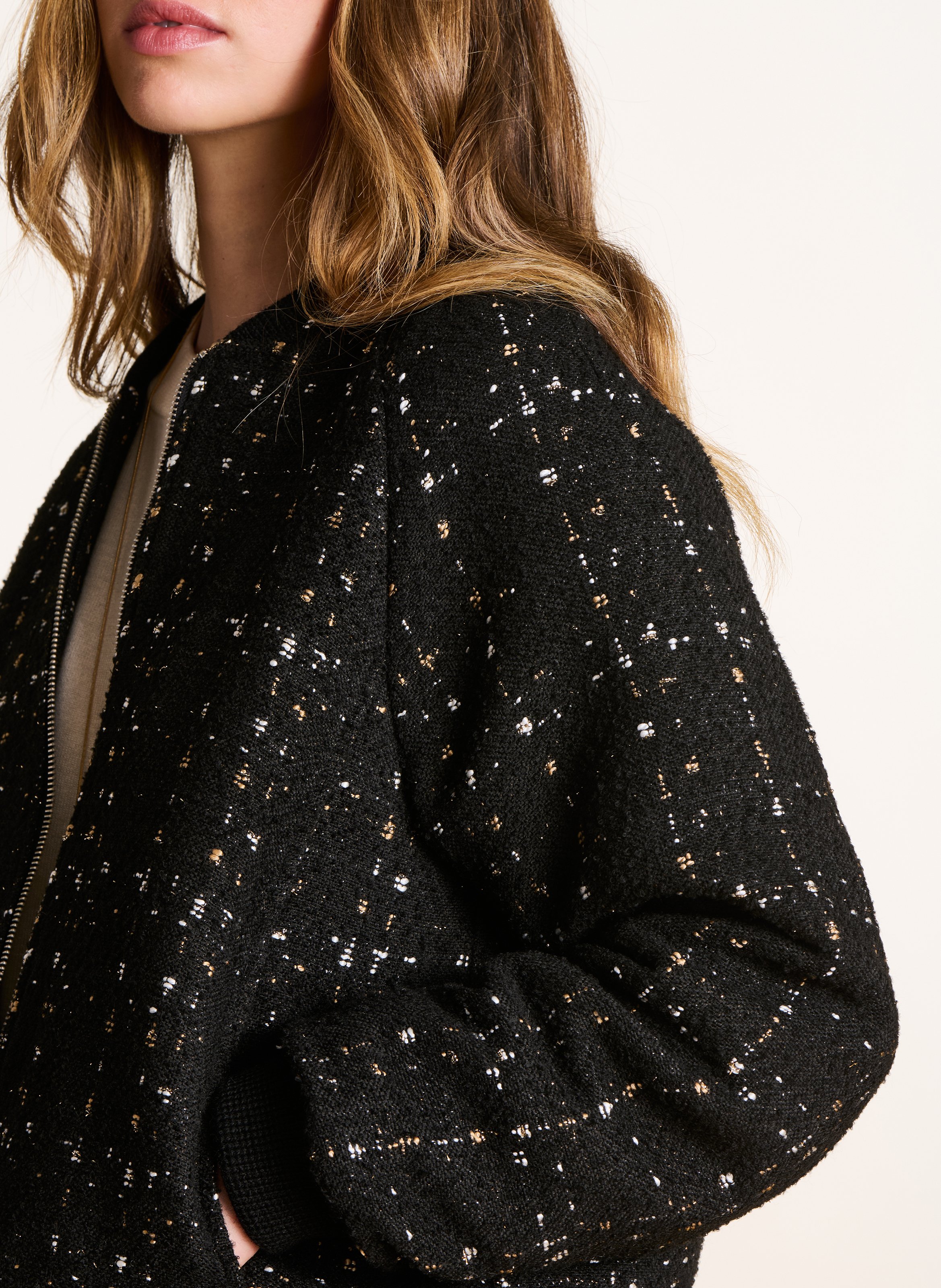 Zip-up round neck tweed effect jacket LA FEE MARABOUTEE Black