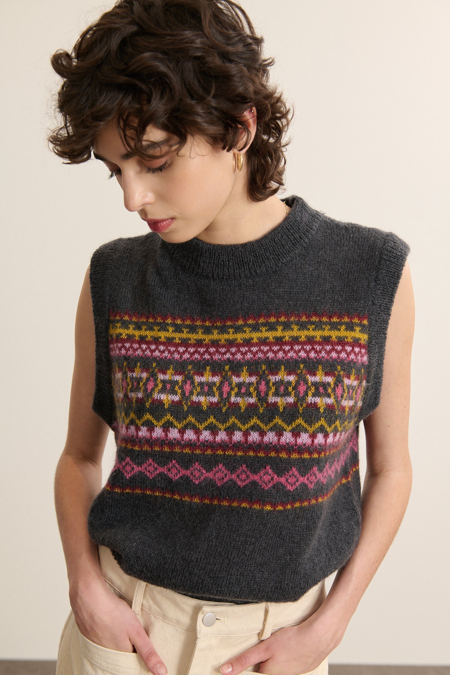 Sleeveless round neck sweater with Norwegian jacquard pattern GARANCE PARIS Grey