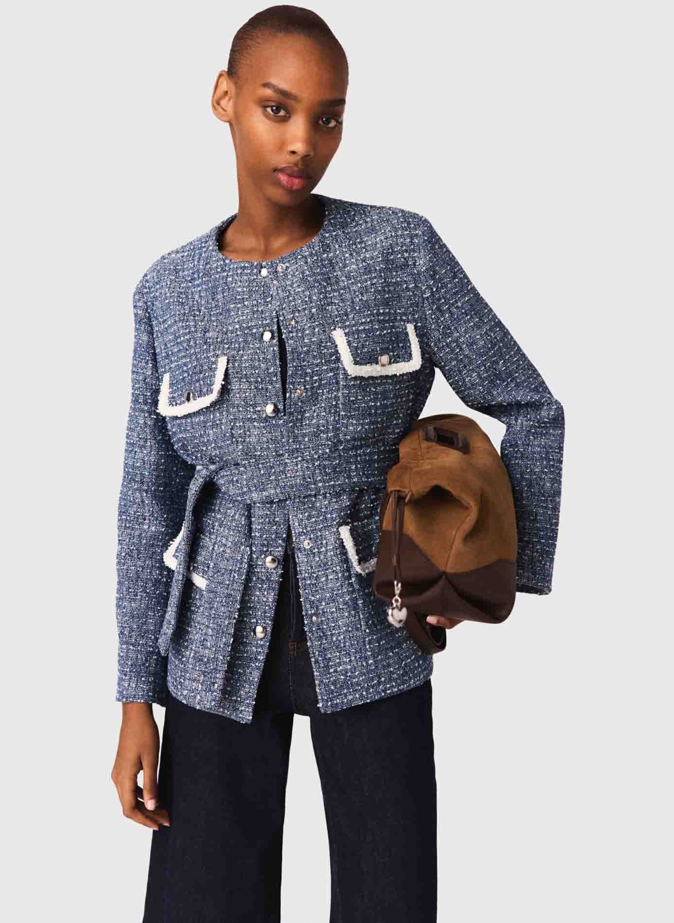 Belted tweed jacket in blended cotton MAJE Blue