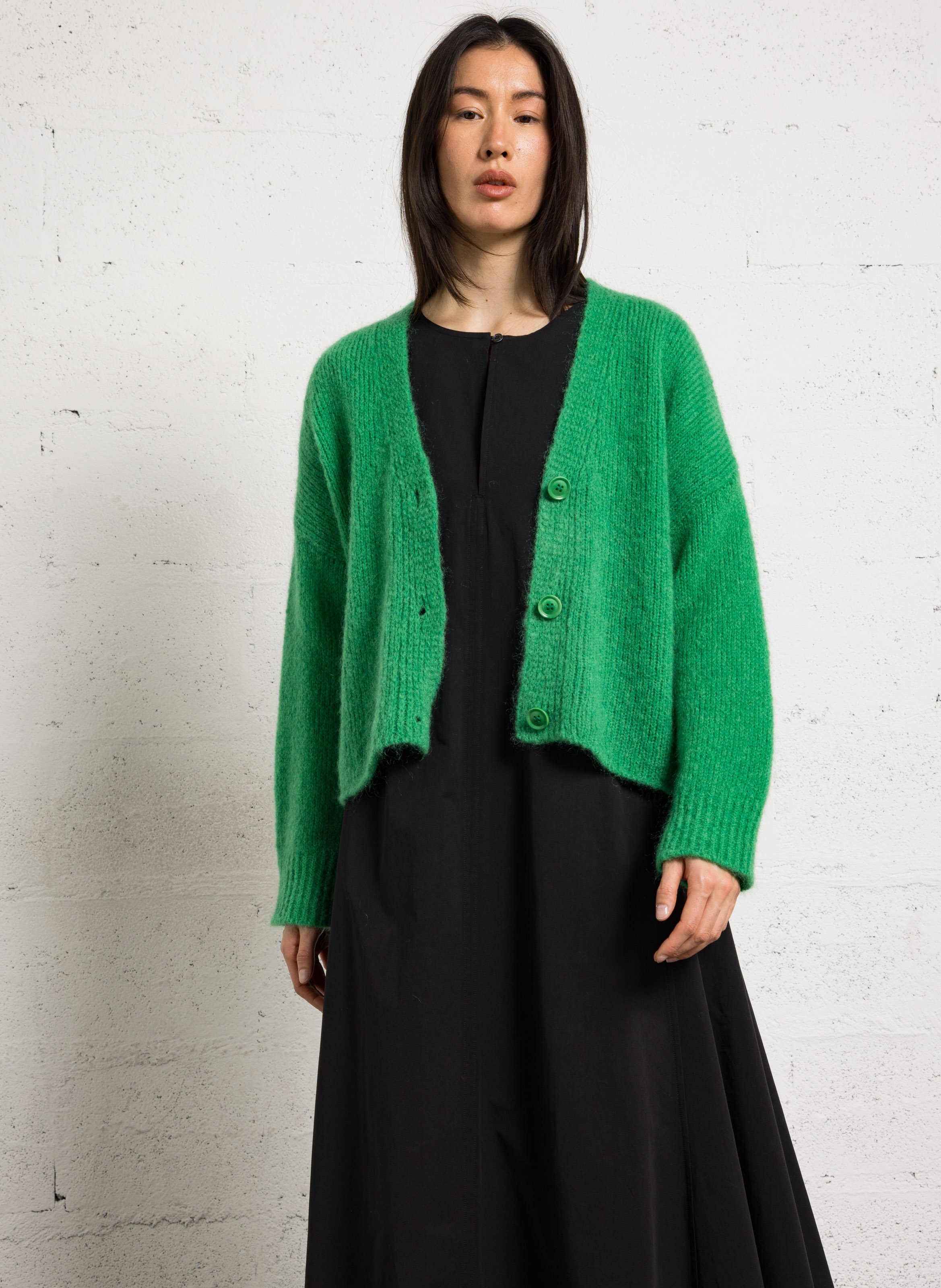 Loose-fit wool-blend cardigan with V-neck MAISON ANJE Green