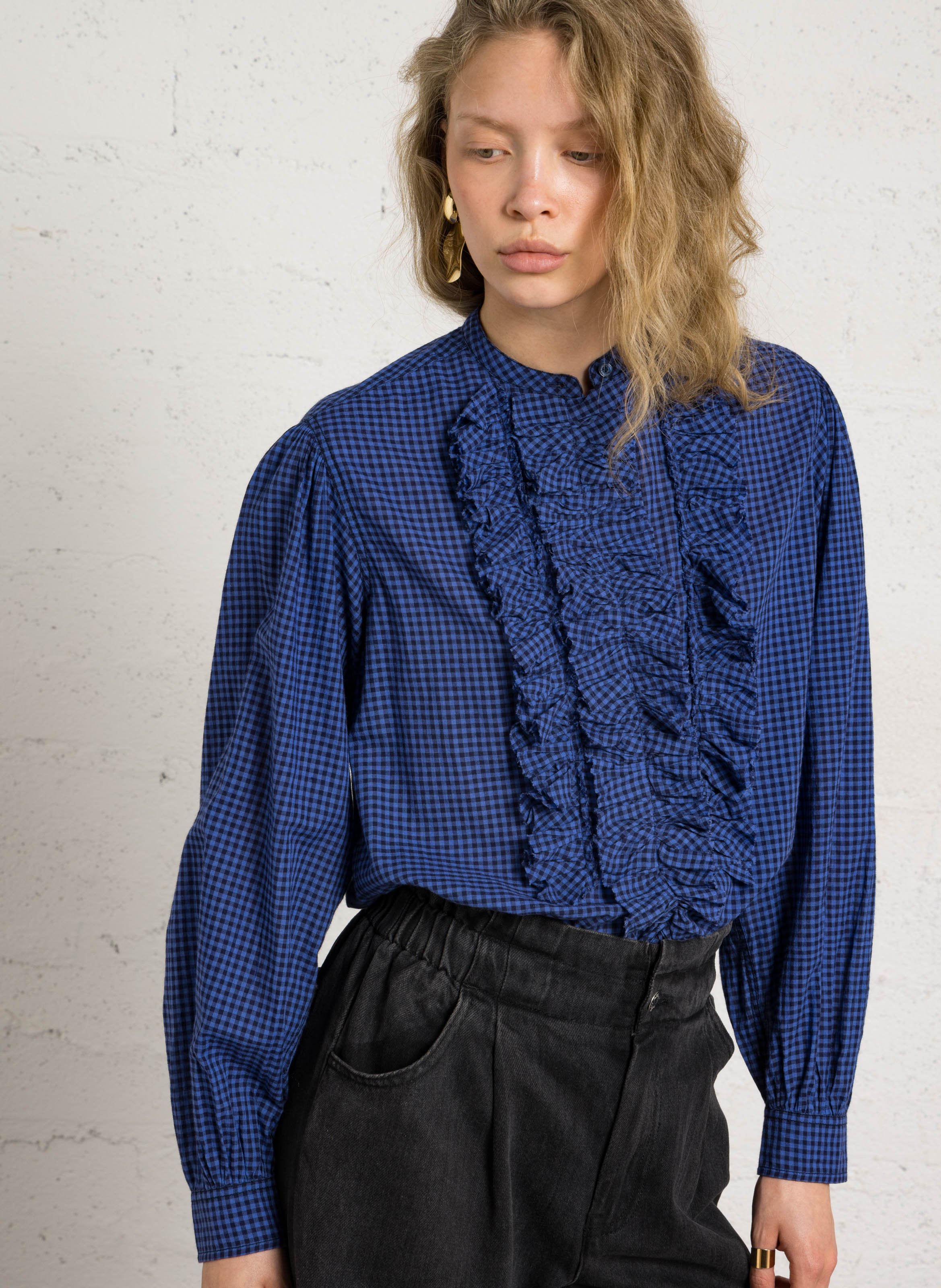 Round-neck checkered blouse with ruffles LAURENCE BRAS Blue