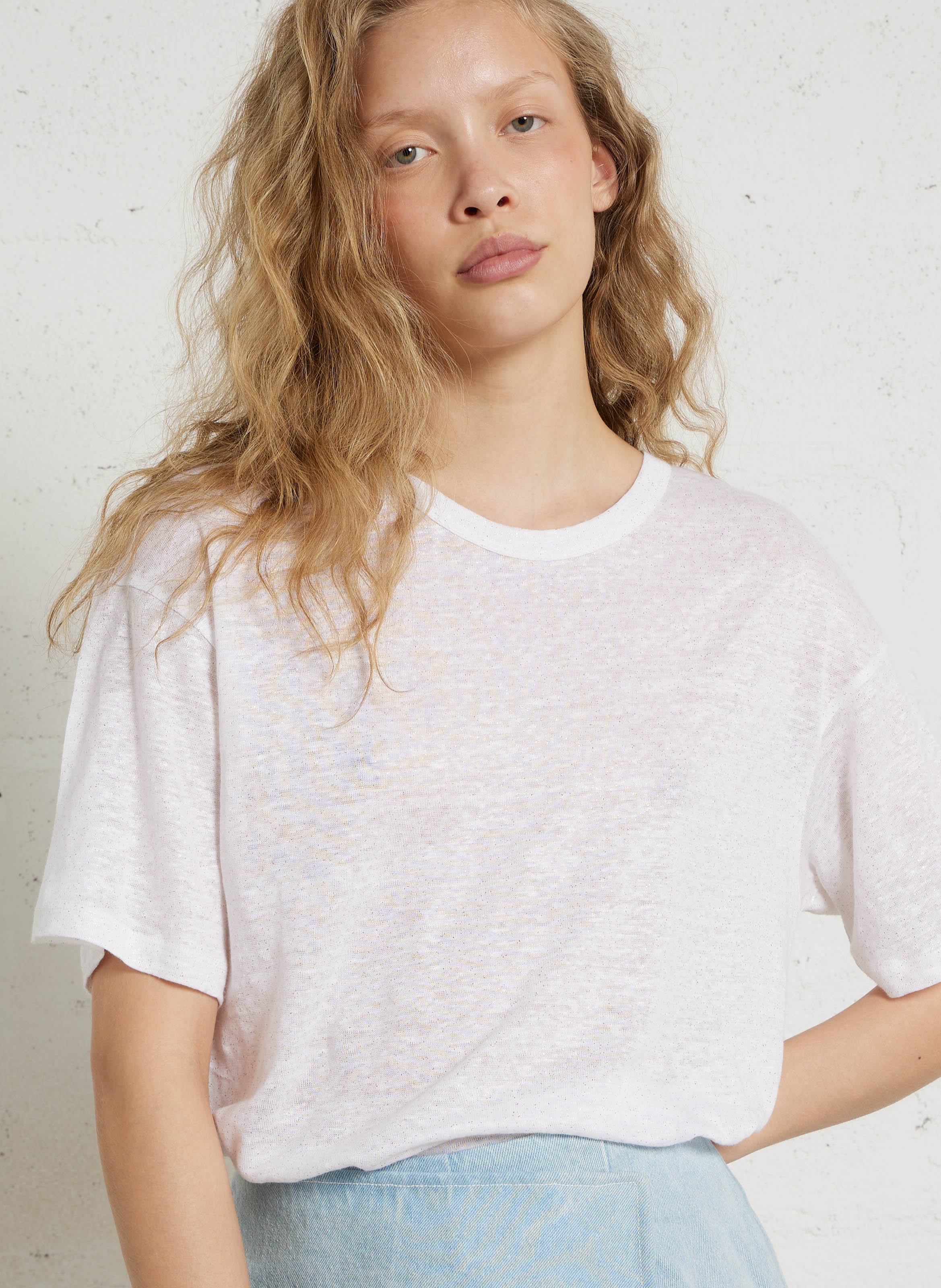 T-Shirt mit Rundhalsausschnitt und Pailletten aus Leinen DES PETITS HAUTS Beige