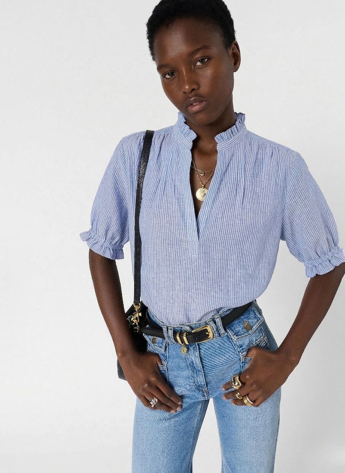 Top col tunisien rayé en lin GERARD DAREL Bleu