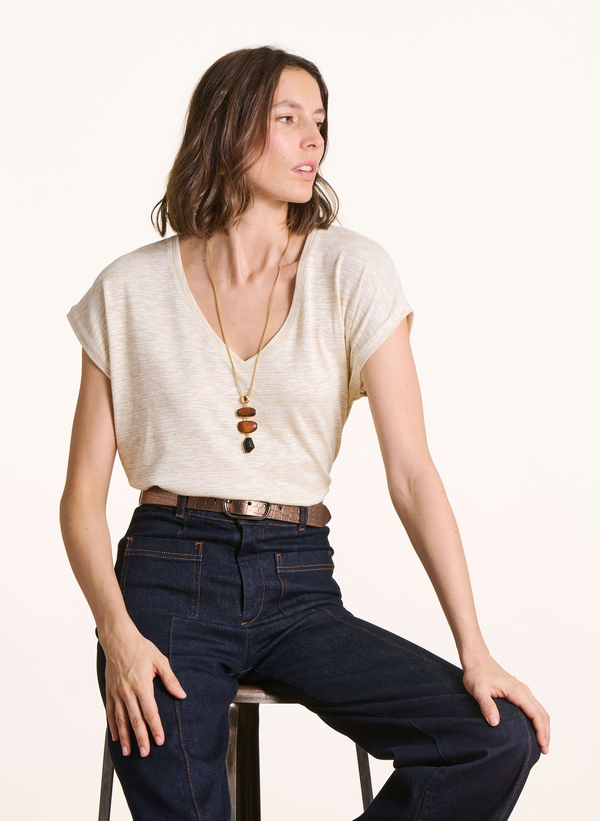 Tee-shirt col V manches courtes pailleté LA FEE MARABOUTEE