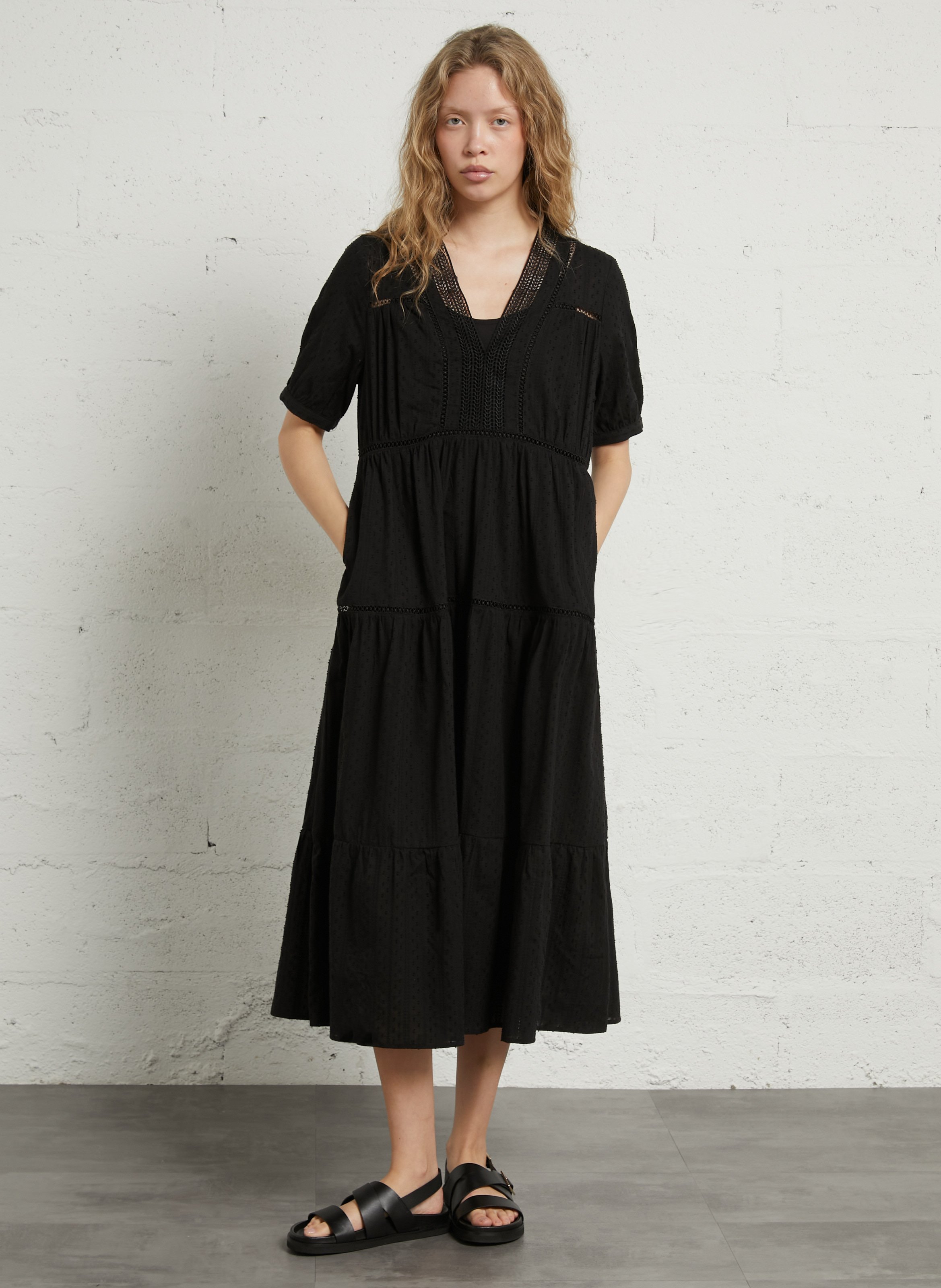 Ruimvallende, katoenen jurk met V-hals SEE U SOON Zwart