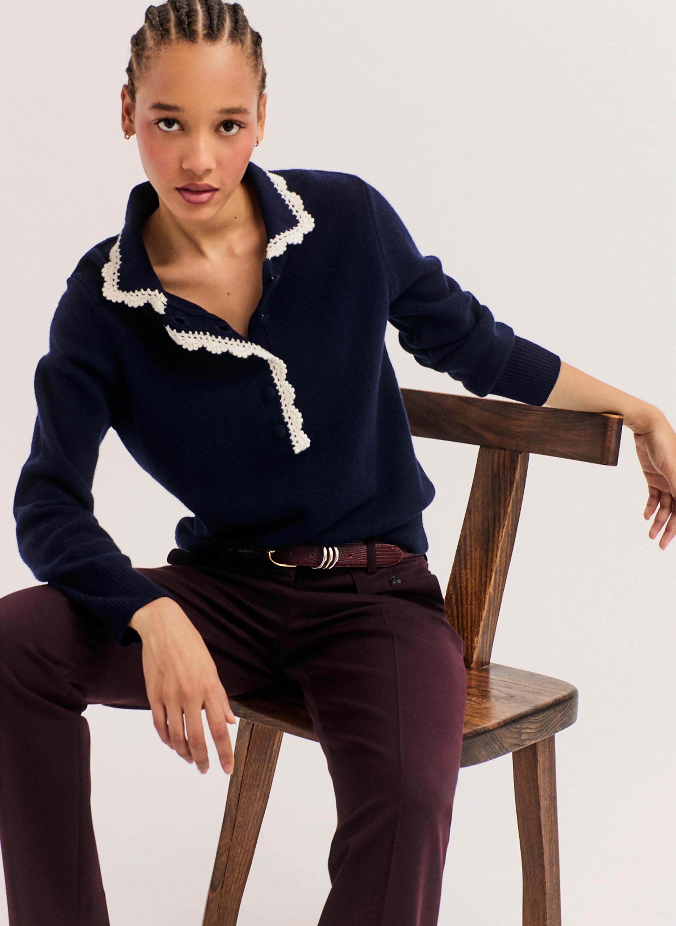 Pull à col boutonné en laine  PABLO Bleu